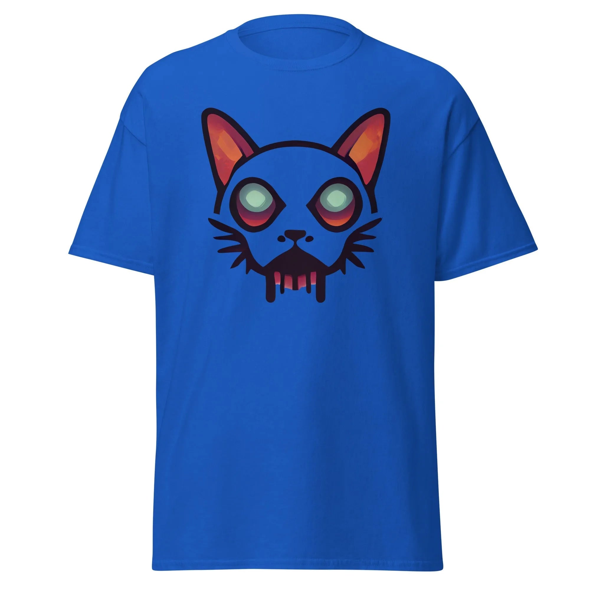 Zombicat royal blue Halloween T-shirt featuring a boldcat face with big eyes and a dripping effect for an eerie look.