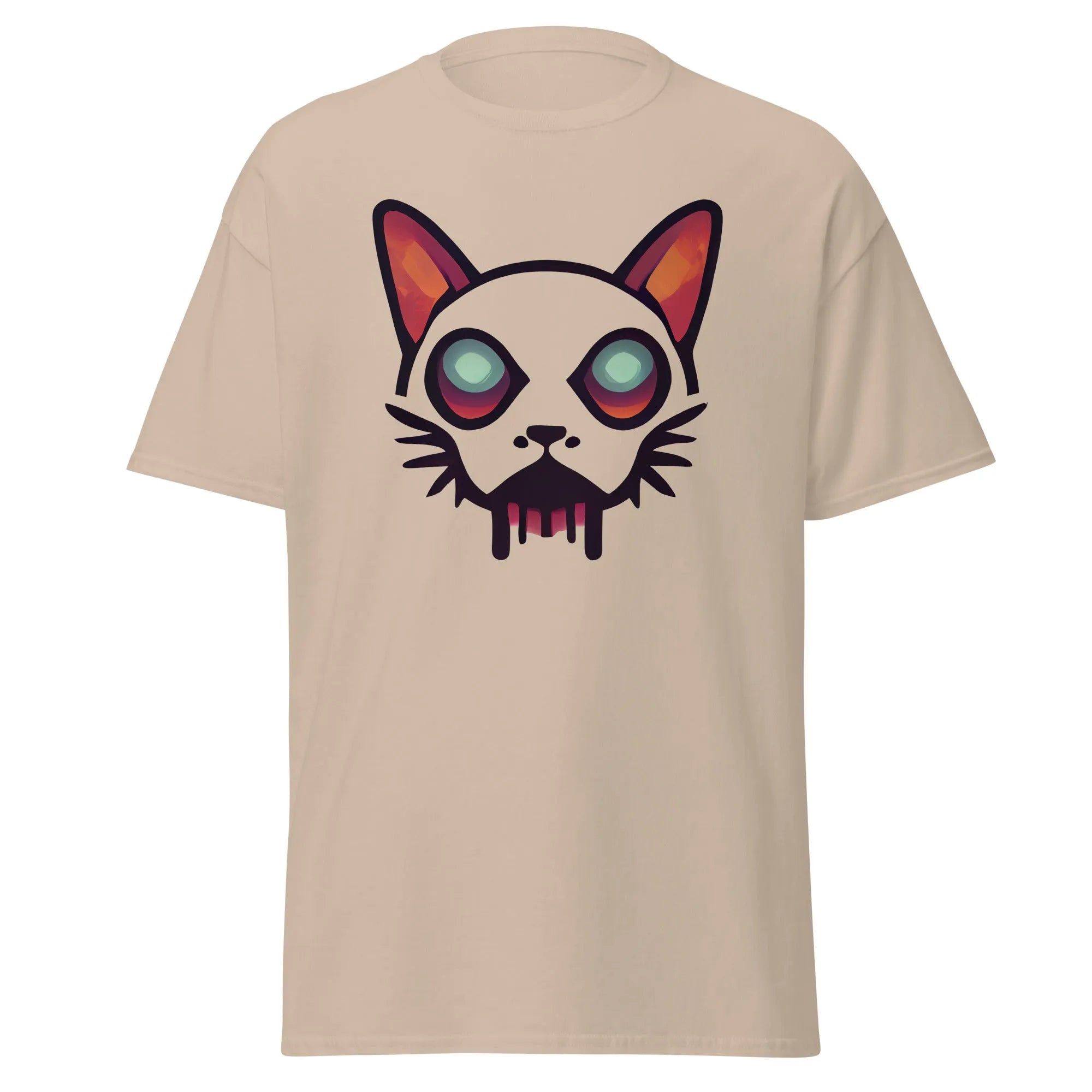 Zombicat sand Halloween T-shirt featuring a boldcat face with big eyes and a dripping effect for an eerie look.