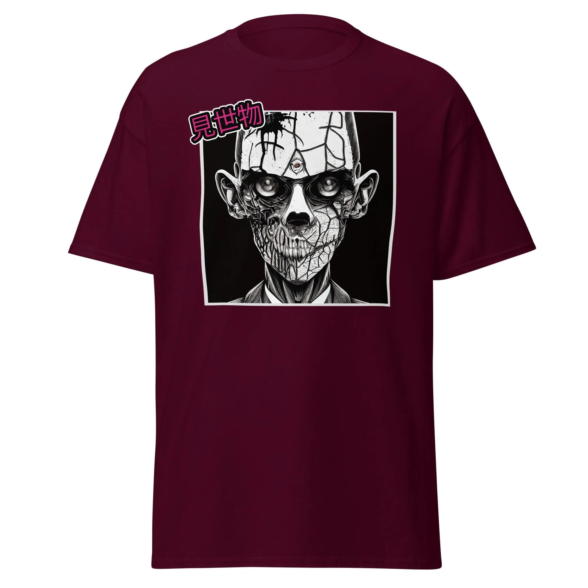 Gravewalker maroon Halloween T-shirt features a black and white creepy zombie face with cracked skin and hollow eyes.