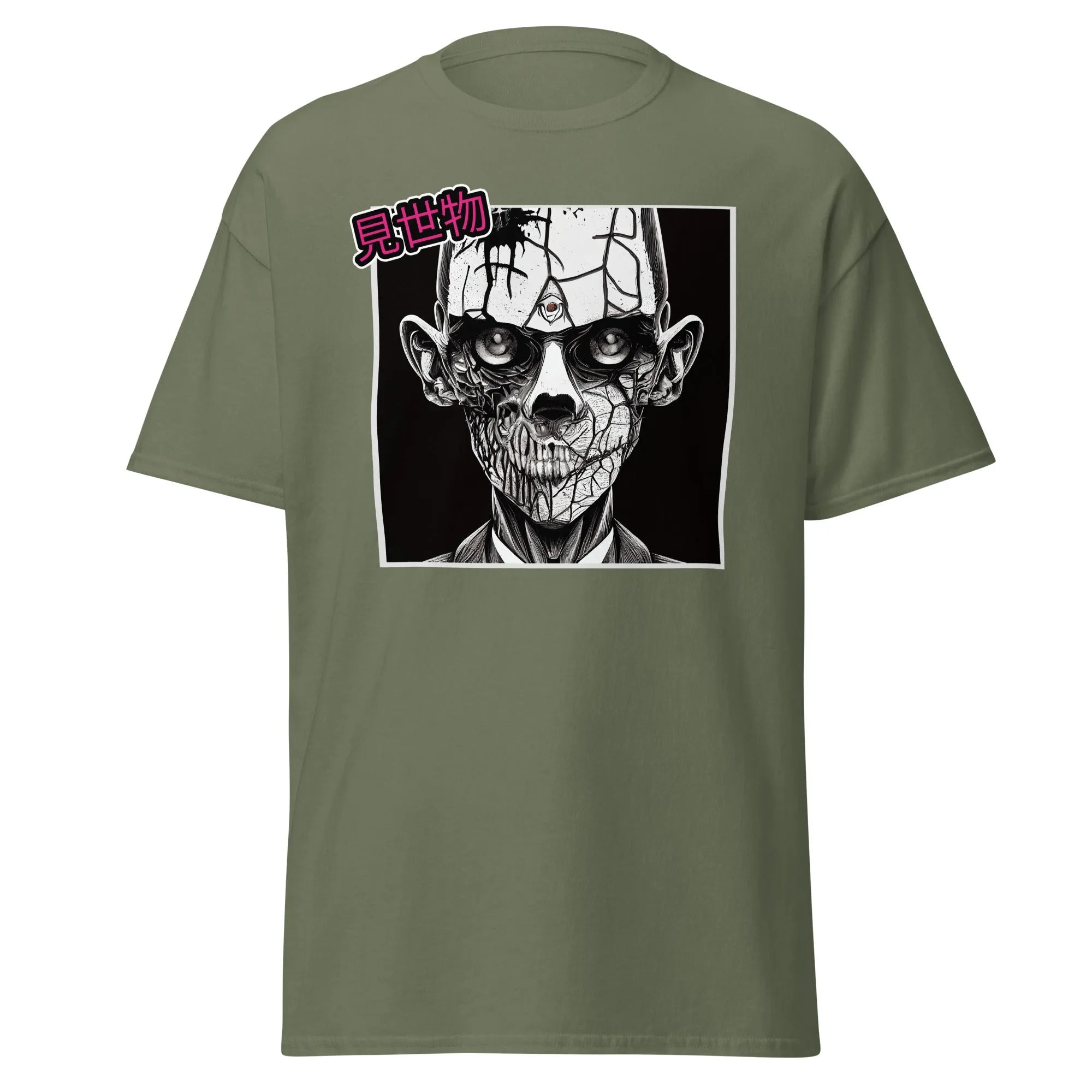 Gravewalker military green Halloween T-shirt features a black and white creepy zombie face with cracked skin and hollow eyes.