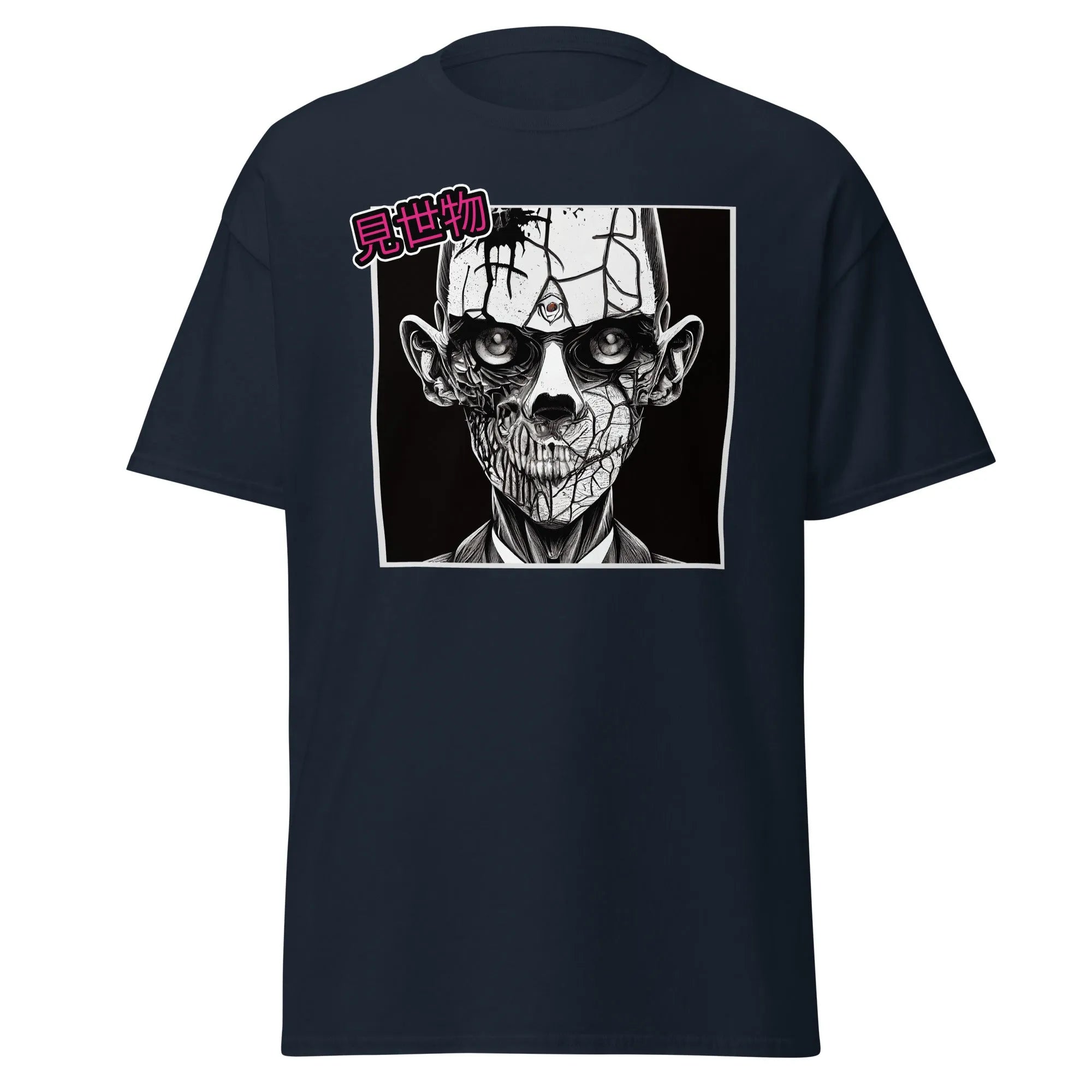 Gravewalker navy blue Halloween T-shirt features a black and white creepy zombie face with cracked skin and hollow eyes.