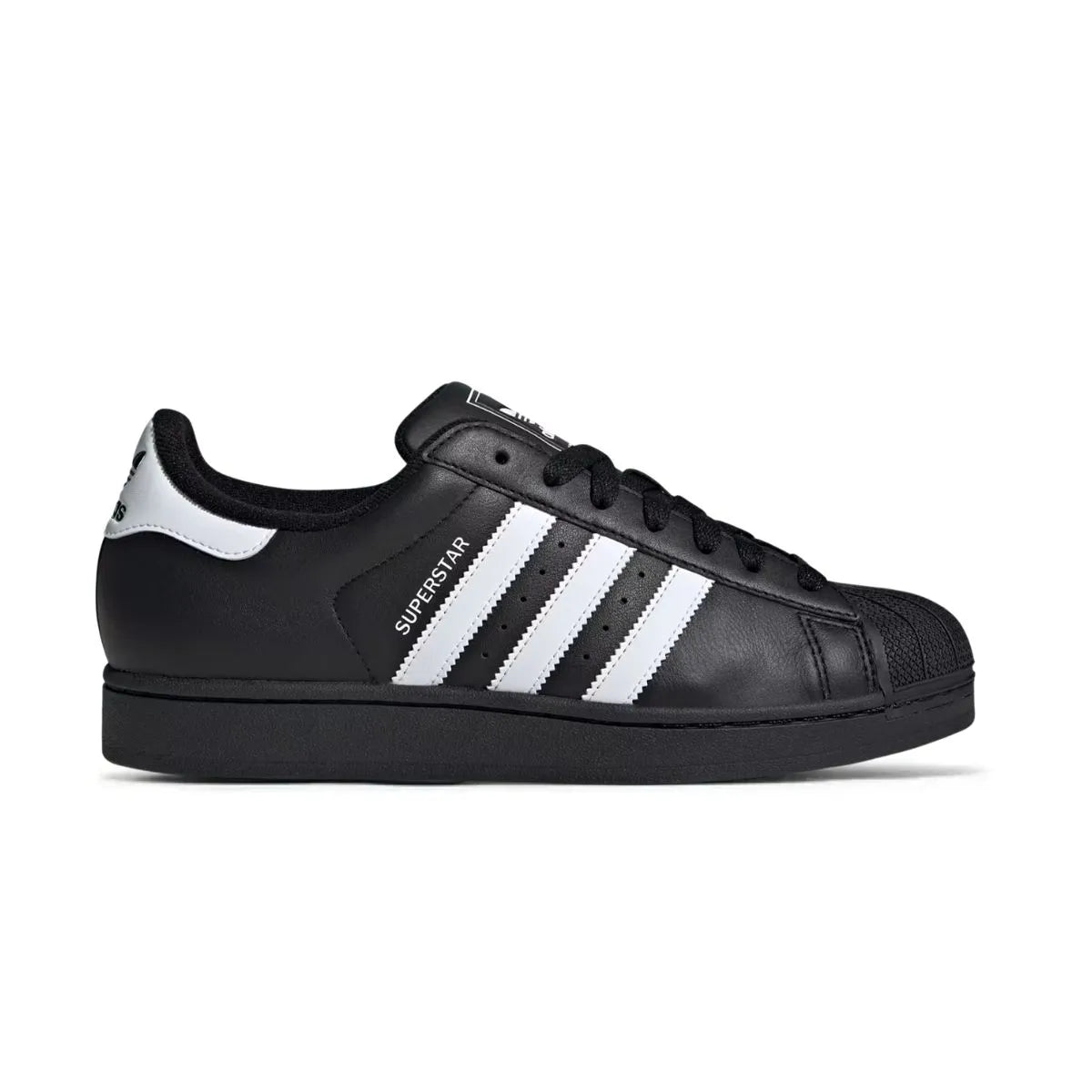 Black replacement laces on adidas Superstar black and white sneakers by Kicks Shoelaces