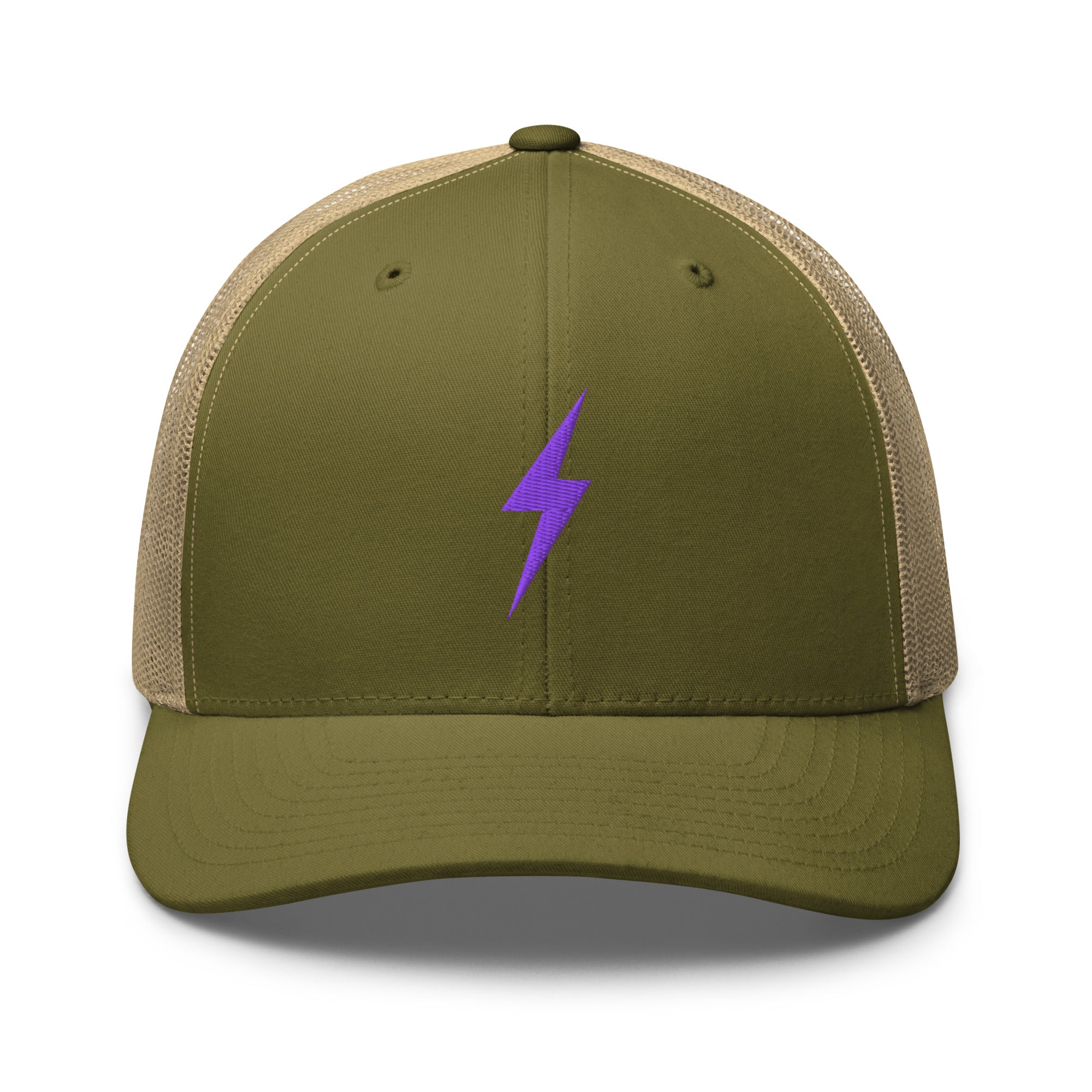 Army green trucker hat with a purple lightning bolt design on front panel