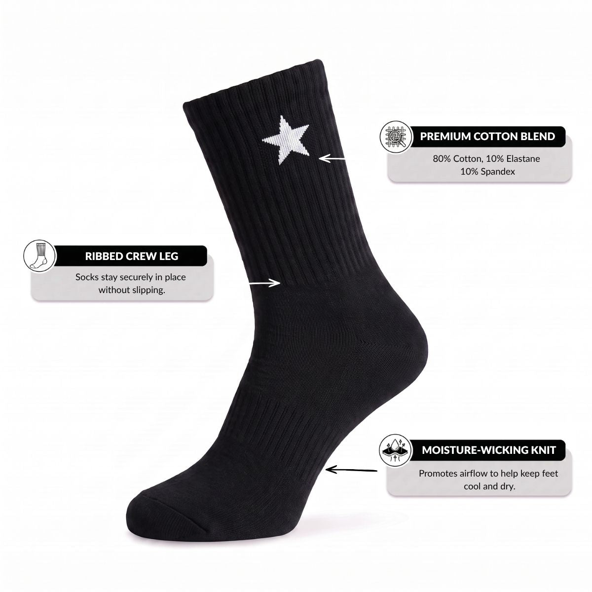 Black Crew Socks with White Star | Moisture Wicking Socks