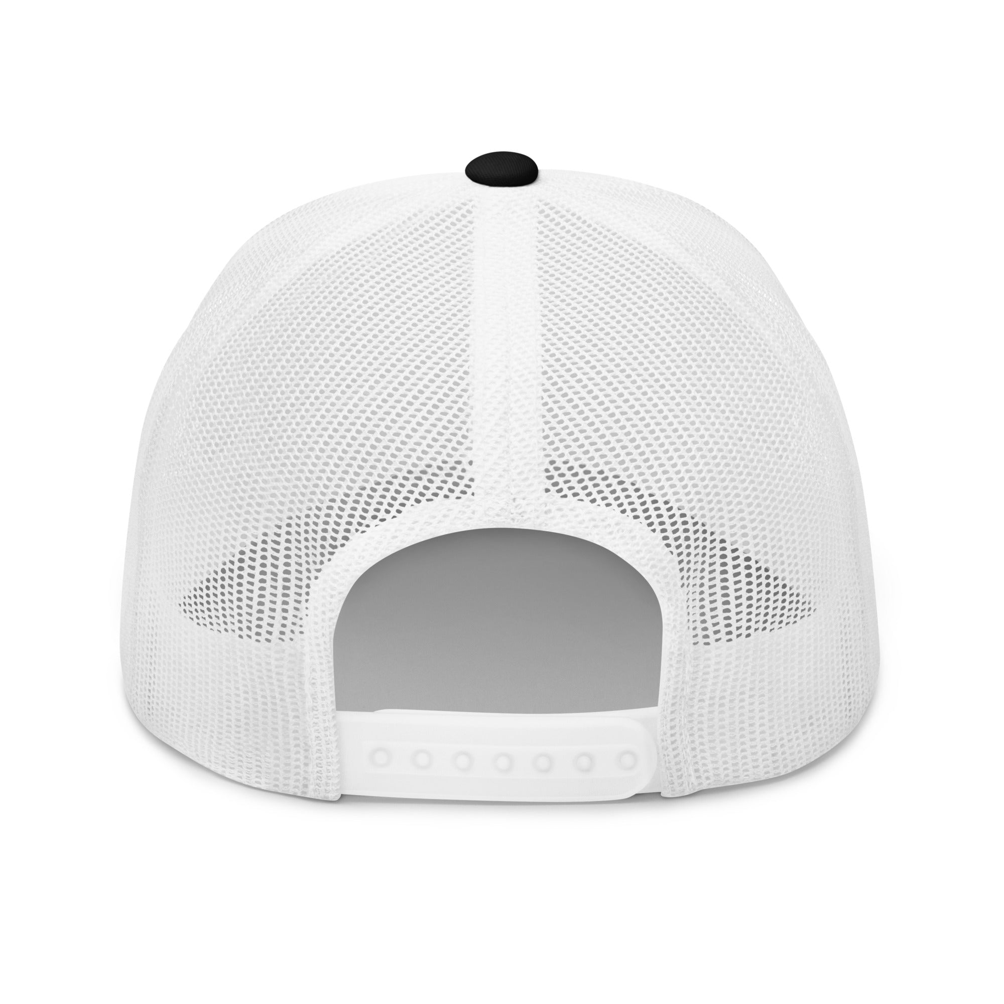 Rear view of black and white truckers cap with black star, adjustable snapback closure