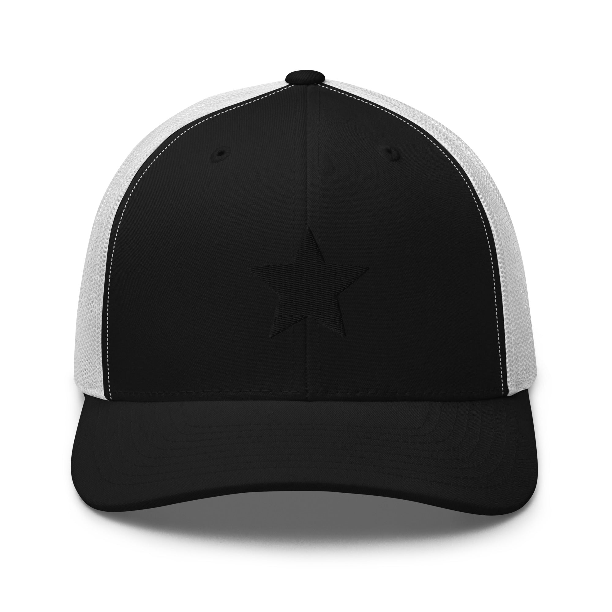 Black and white truckers cap with an embroidered black star, structured front, mesh back, and adjustable fit by Kicks Shoelaces