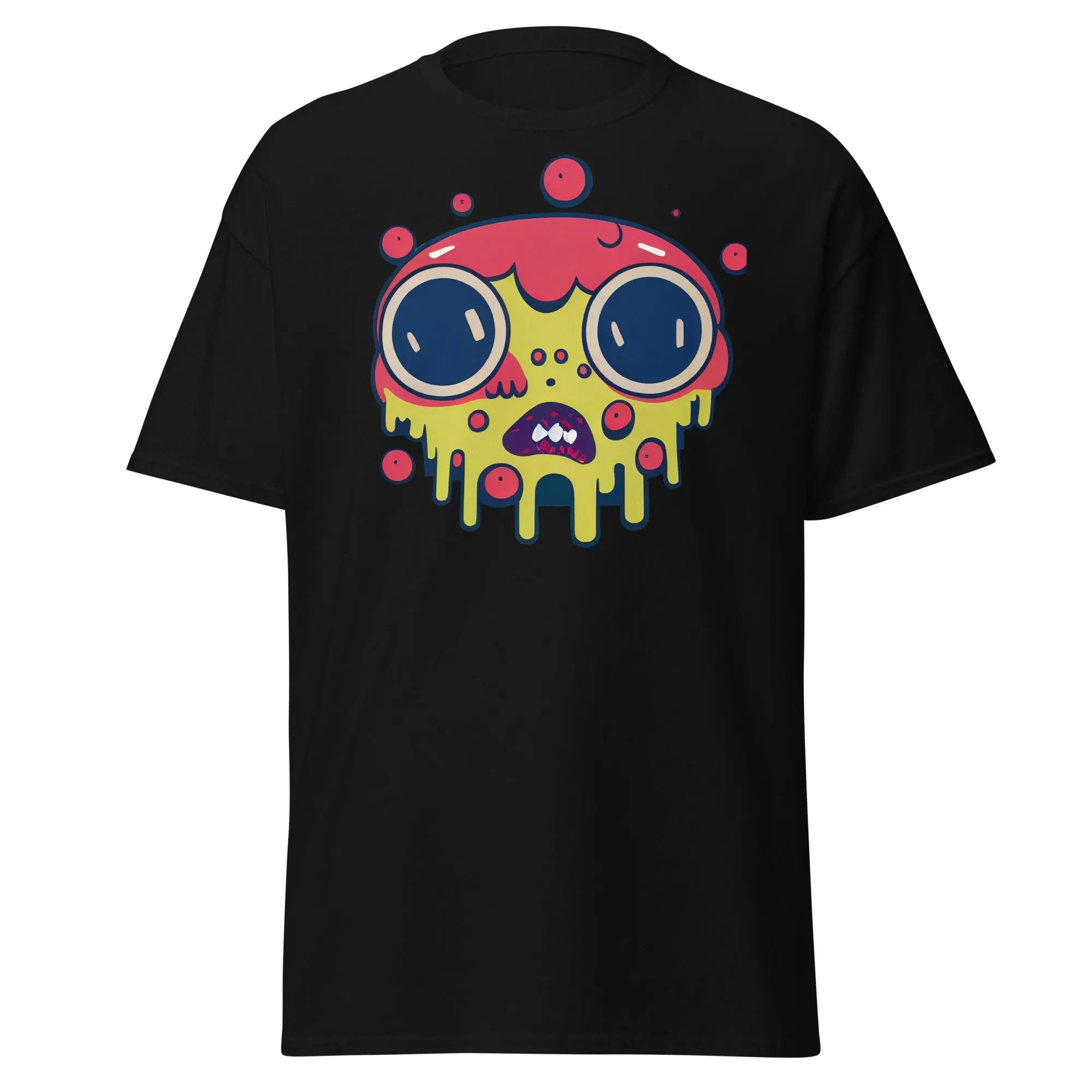 Blobula black Halloween T-shirt featuring a cartoon melting face with wide eyes and a red and yellow head.