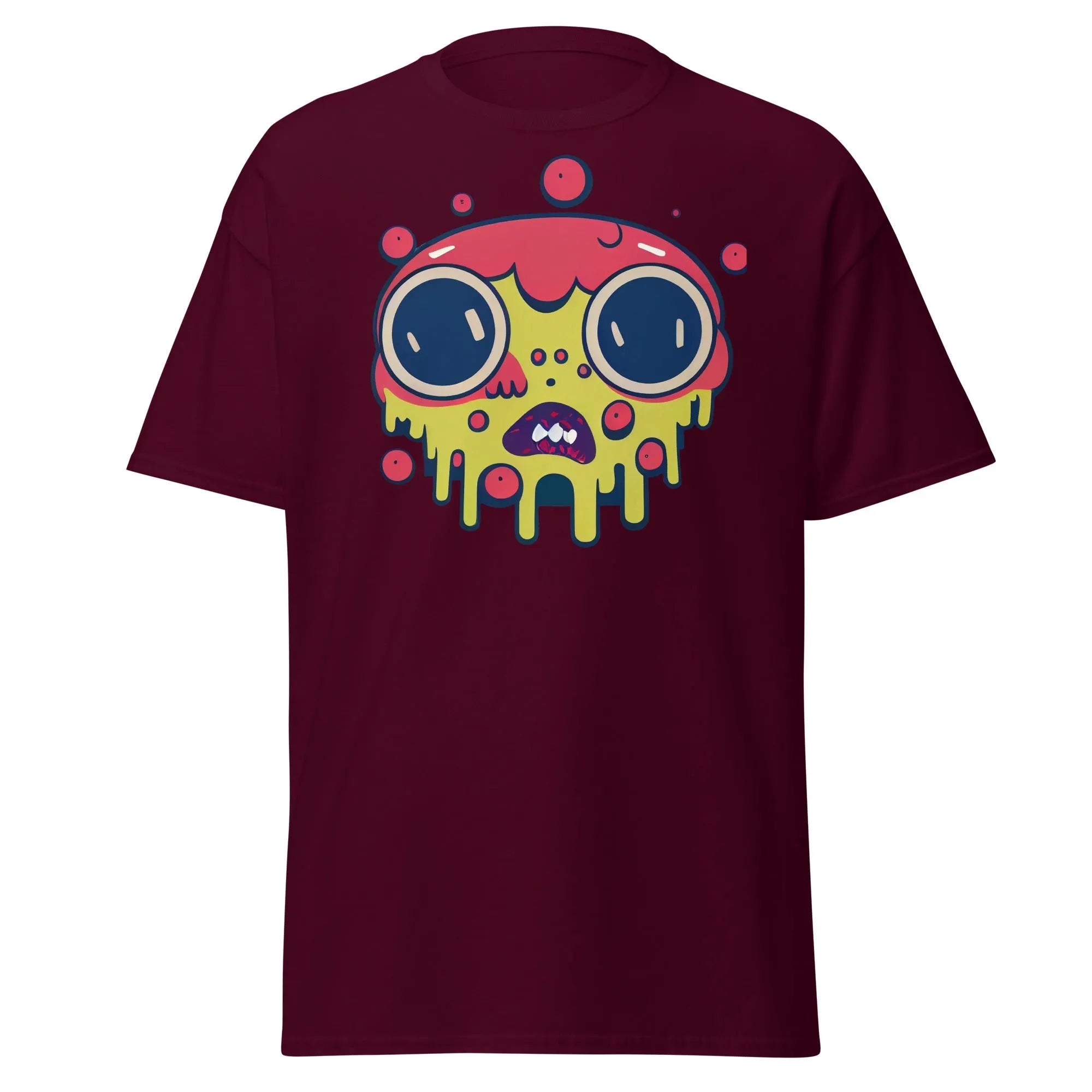 Blobula maroon Halloween T-shirt featuring a cartoon melting face with wide eyes and a red and yellow head.