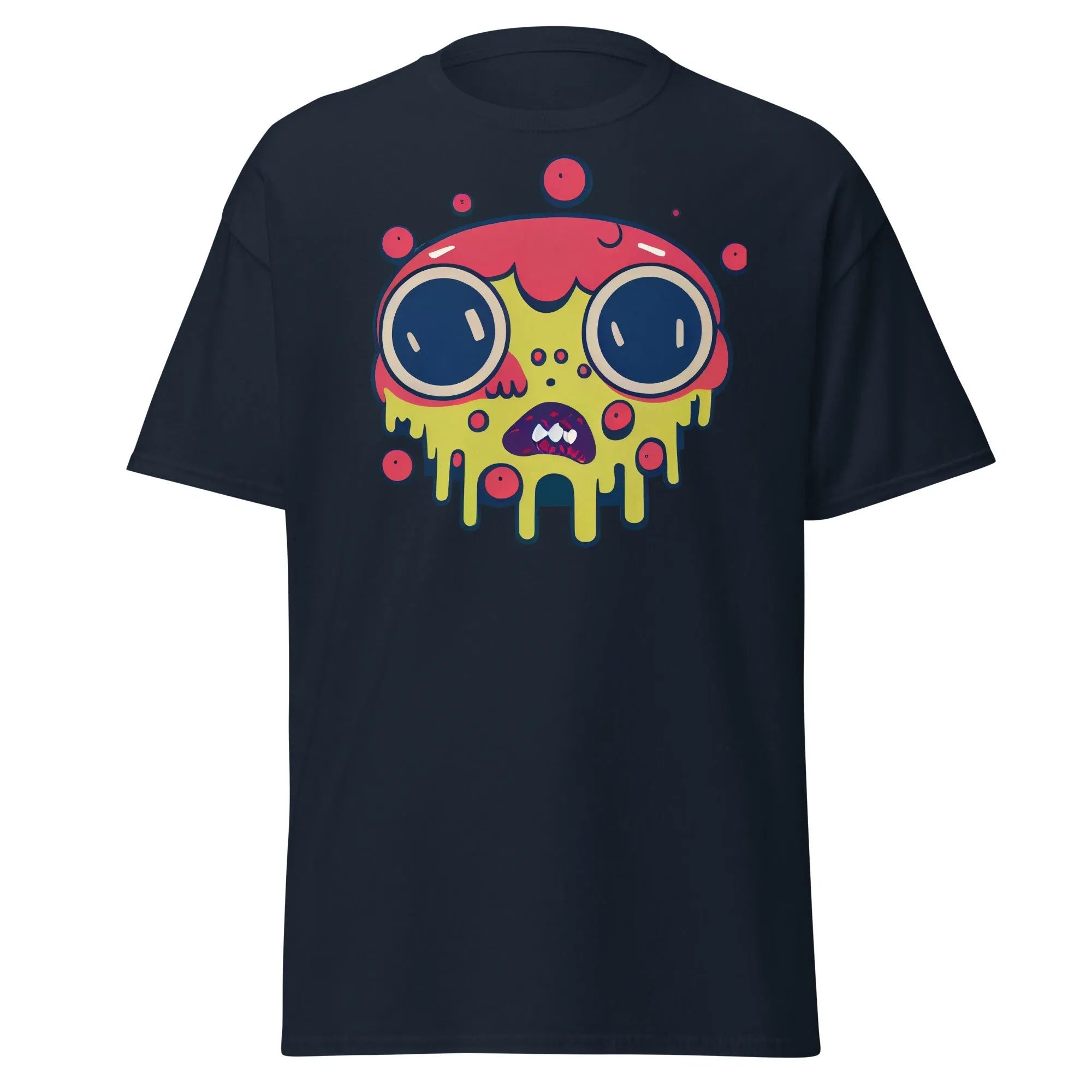 Blobula navy blue Halloween T-shirt featuring a cartoon melting face with wide eyes and a red and yellow head.