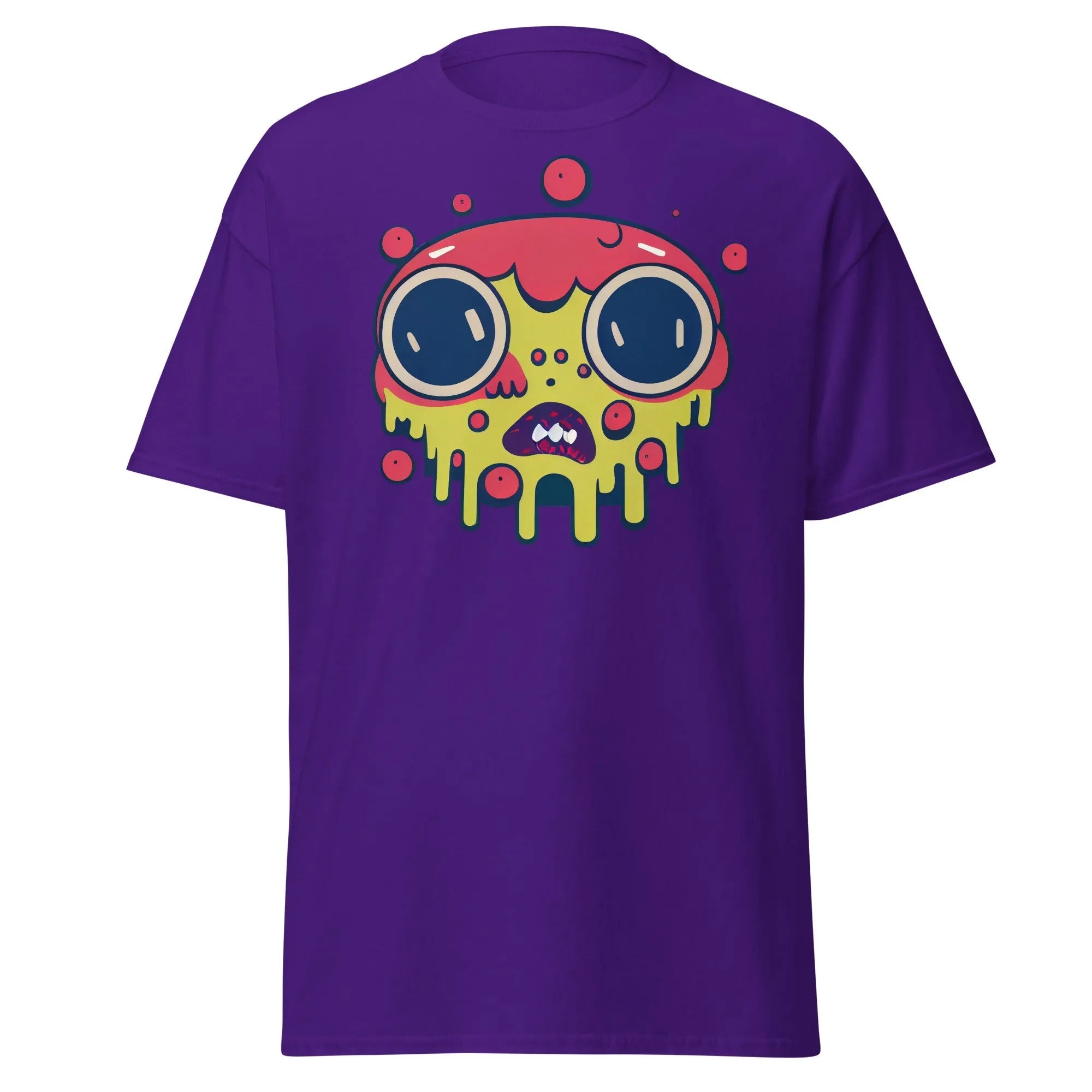 Blobula purple Halloween T-shirt featuring a cartoon melting face with wide eyes and a red and yellow head.