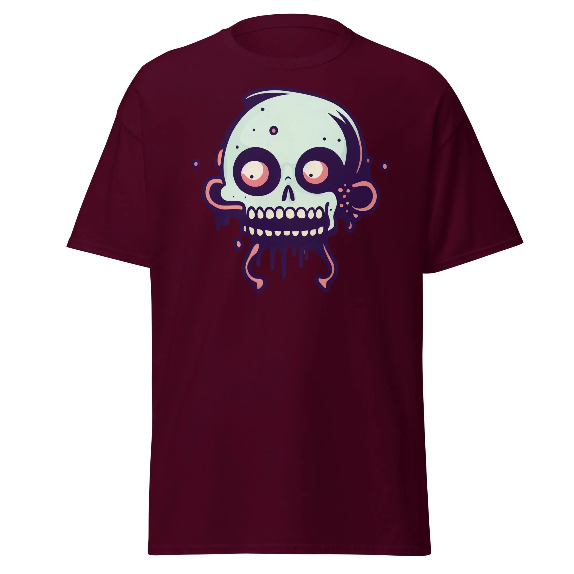 Bonehead maroon Halloween T-shirt featuring a cartoon-style, wide-eyed, mint green skull with drips.