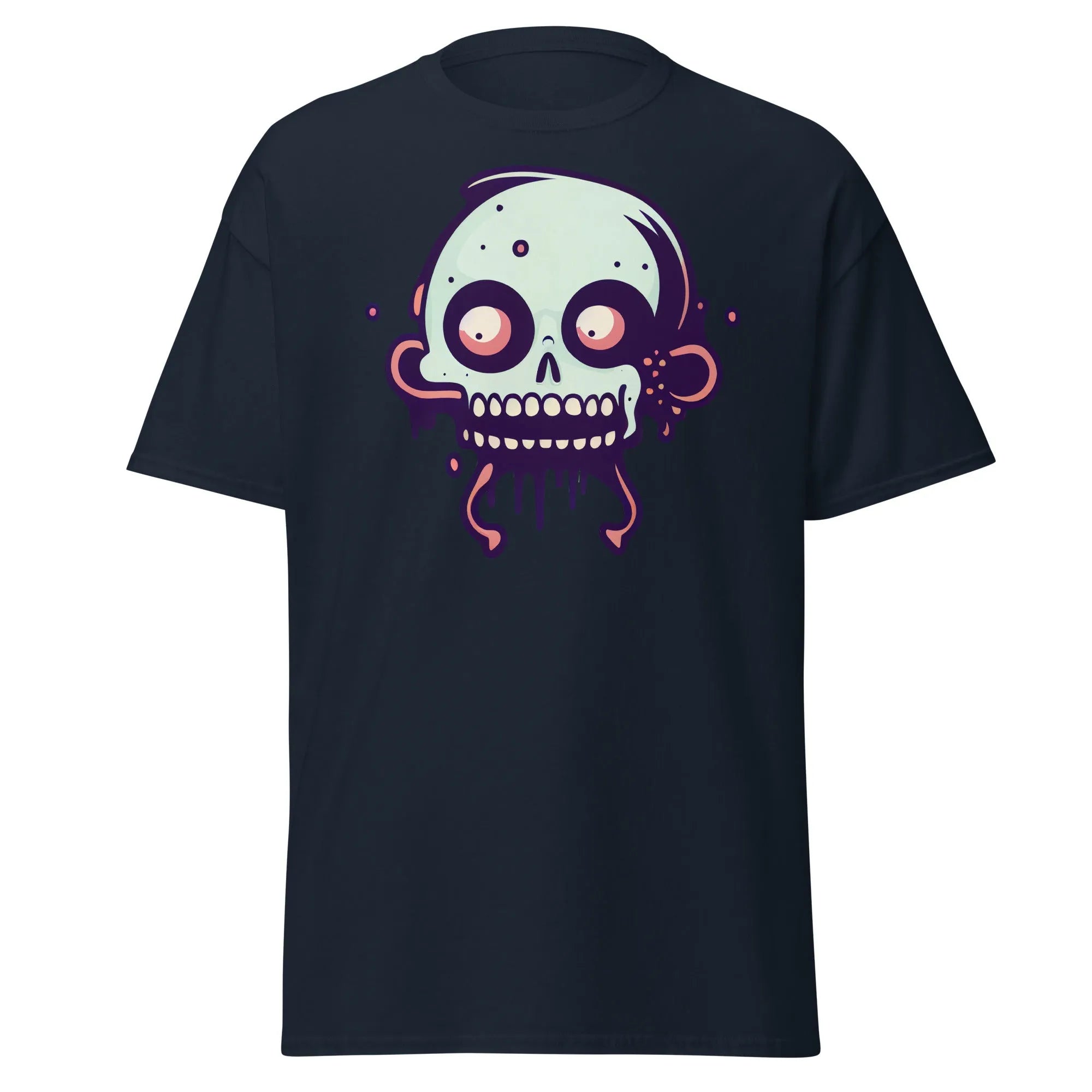 Bonehead navy blue Halloween T-shirt featuring a cartoon-style, wide-eyed, mint green skull with drips.