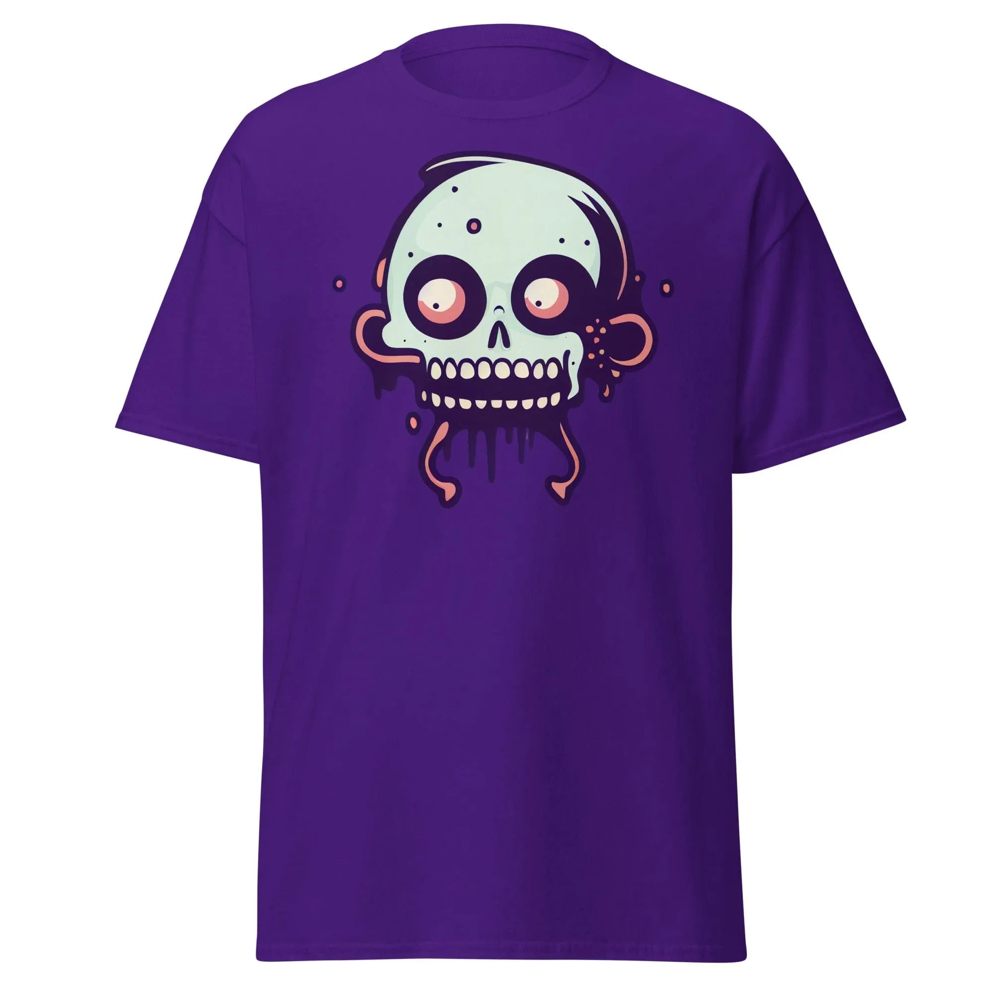 Bonehead purple Halloween T-shirt featuring a cartoon-style, wide-eyed, mint green skull with drips.
