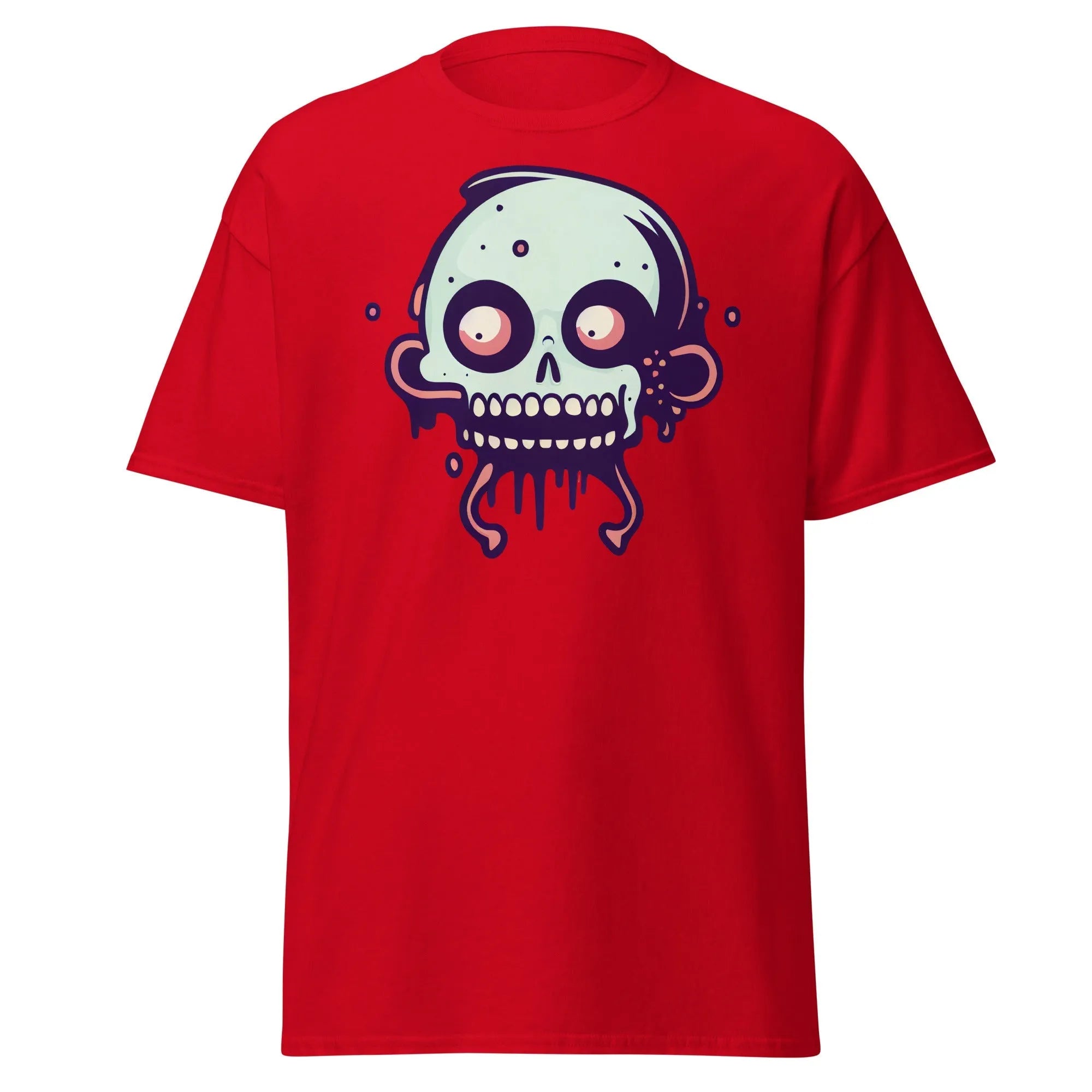 Bonehead red Halloween T-shirt featuring a cartoon-style, wide-eyed, mint green skull with drips.