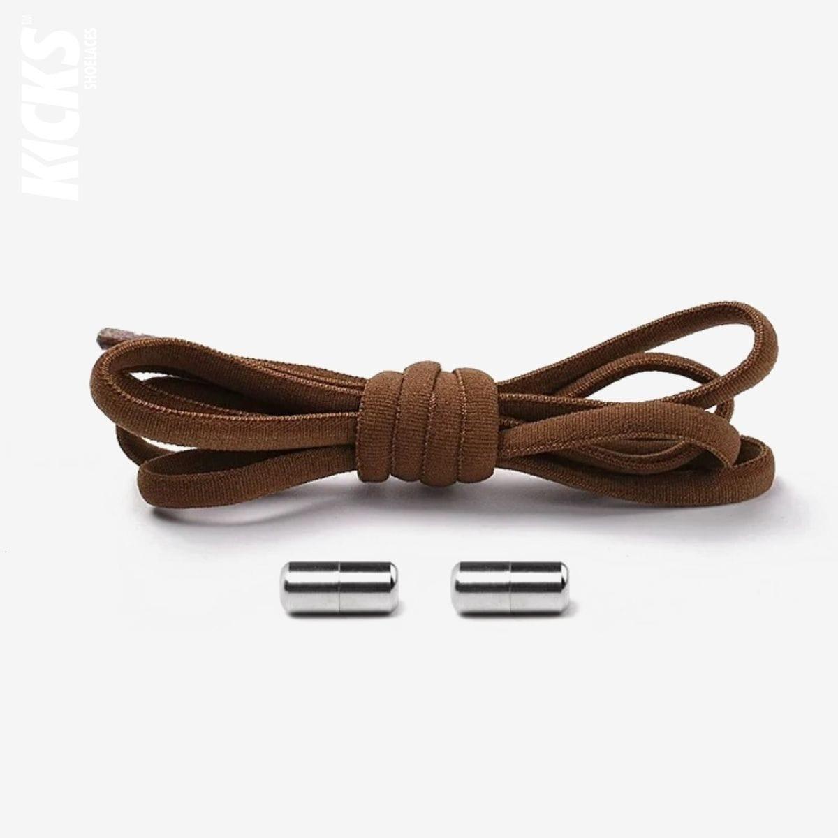 Brown oval no-tie elastic shoelaces with capsule lock system by Kicks Shoelaces