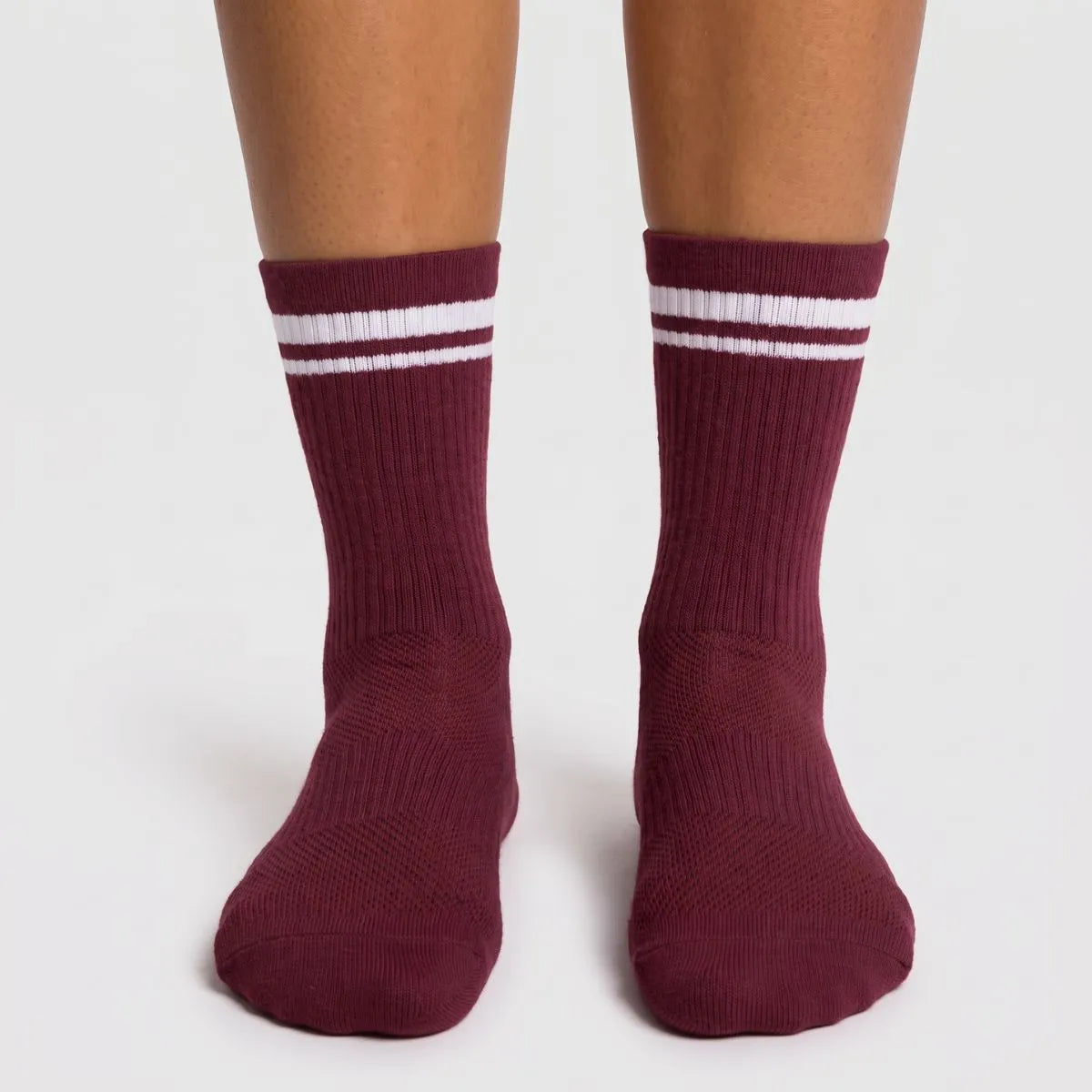 Burgundy athletic crew socks with cushioned arch support by Kicks Shoelaces