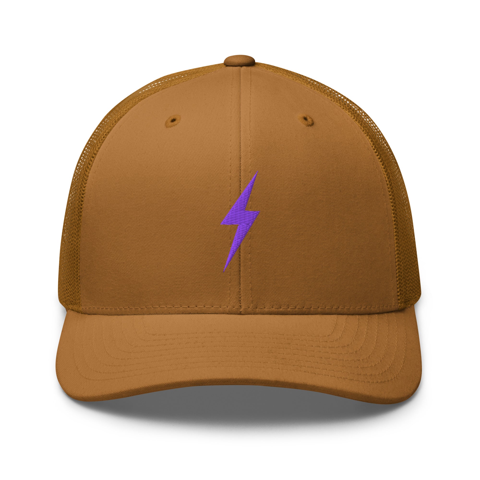 Caramel trucker hat with an embroidered purple lightning bolt design on the front panel