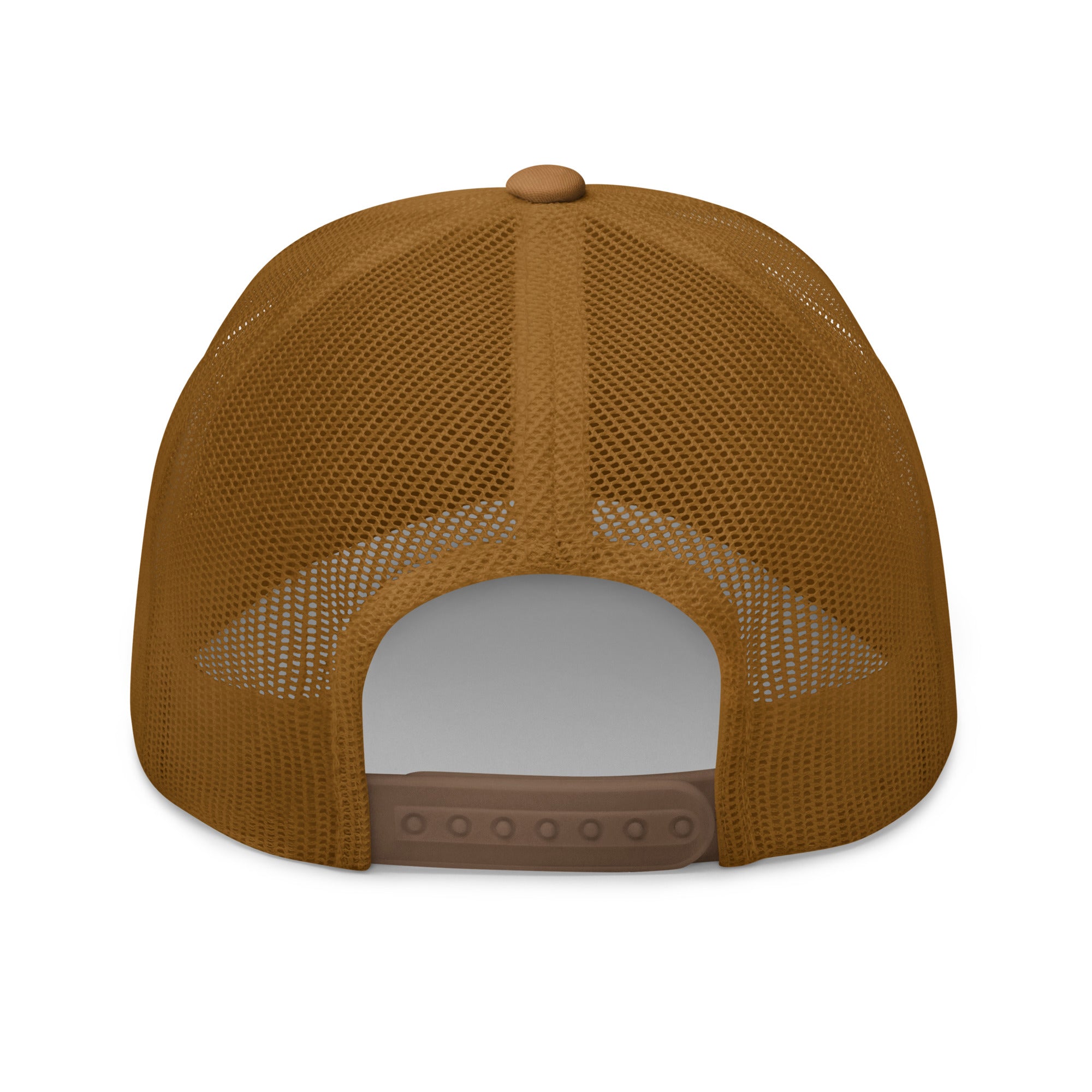 Rear view of caramel truckers cap with black star, adjustable snapback closure