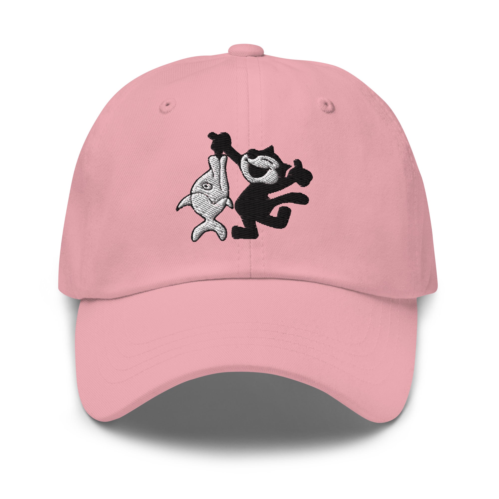 Pink dad hat featuring a 1920 Felix the Cat fishing design from Disney’s early animation era