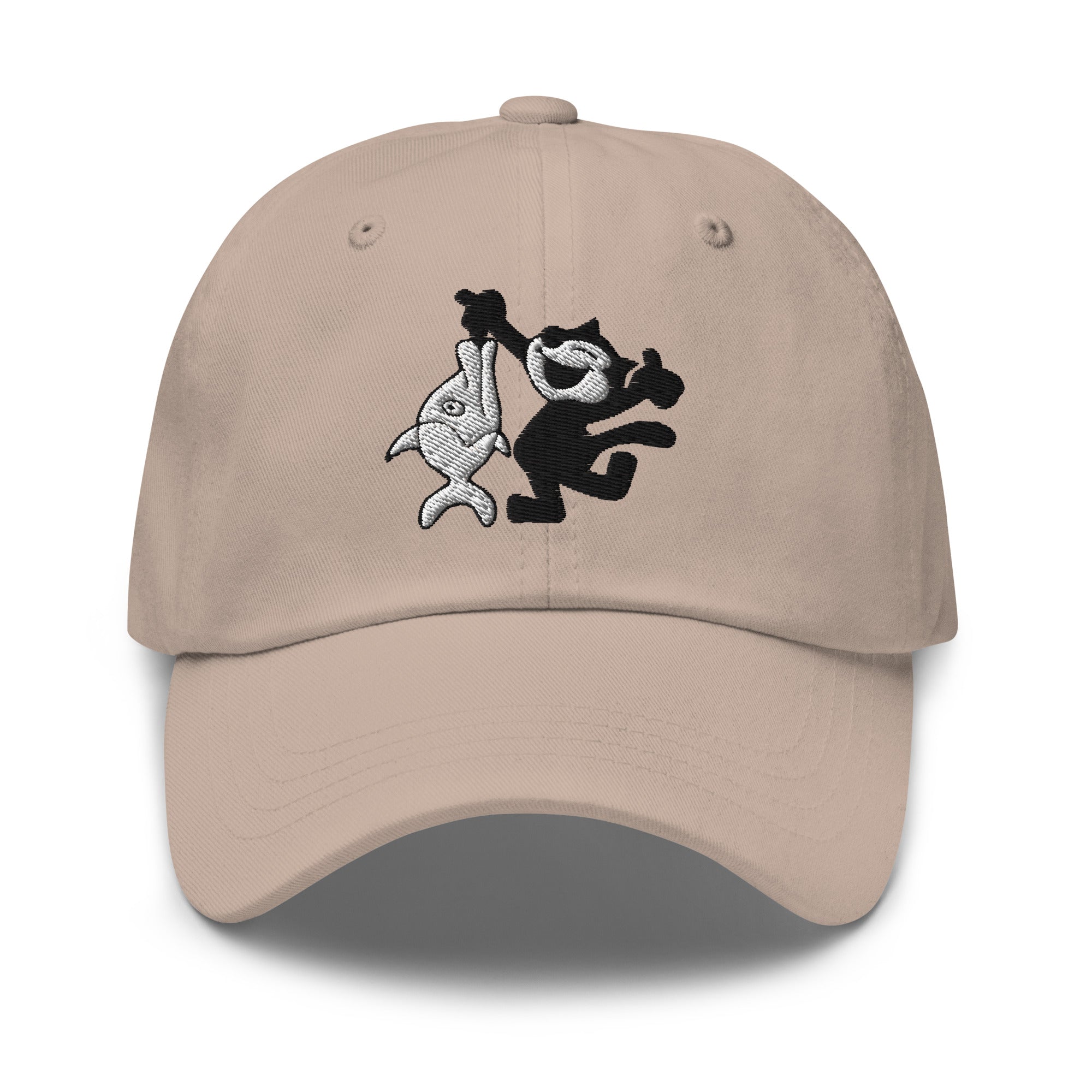Stone dad hat featuring a 1920 Felix the Cat fishing design from Disney’s early animation era