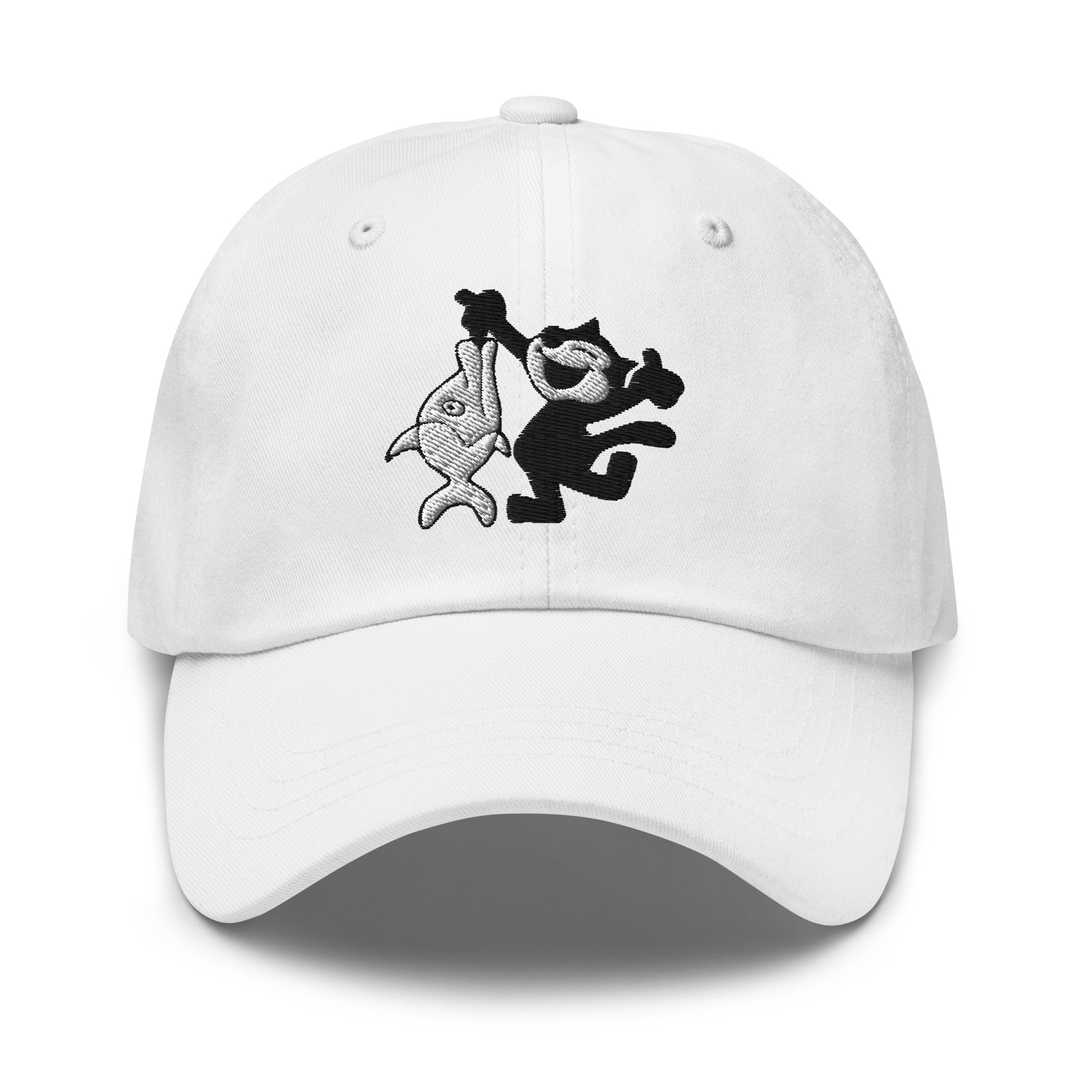 White dad hat featuring a 1920 Felix the Cat fishing design from Disney’s early animation era