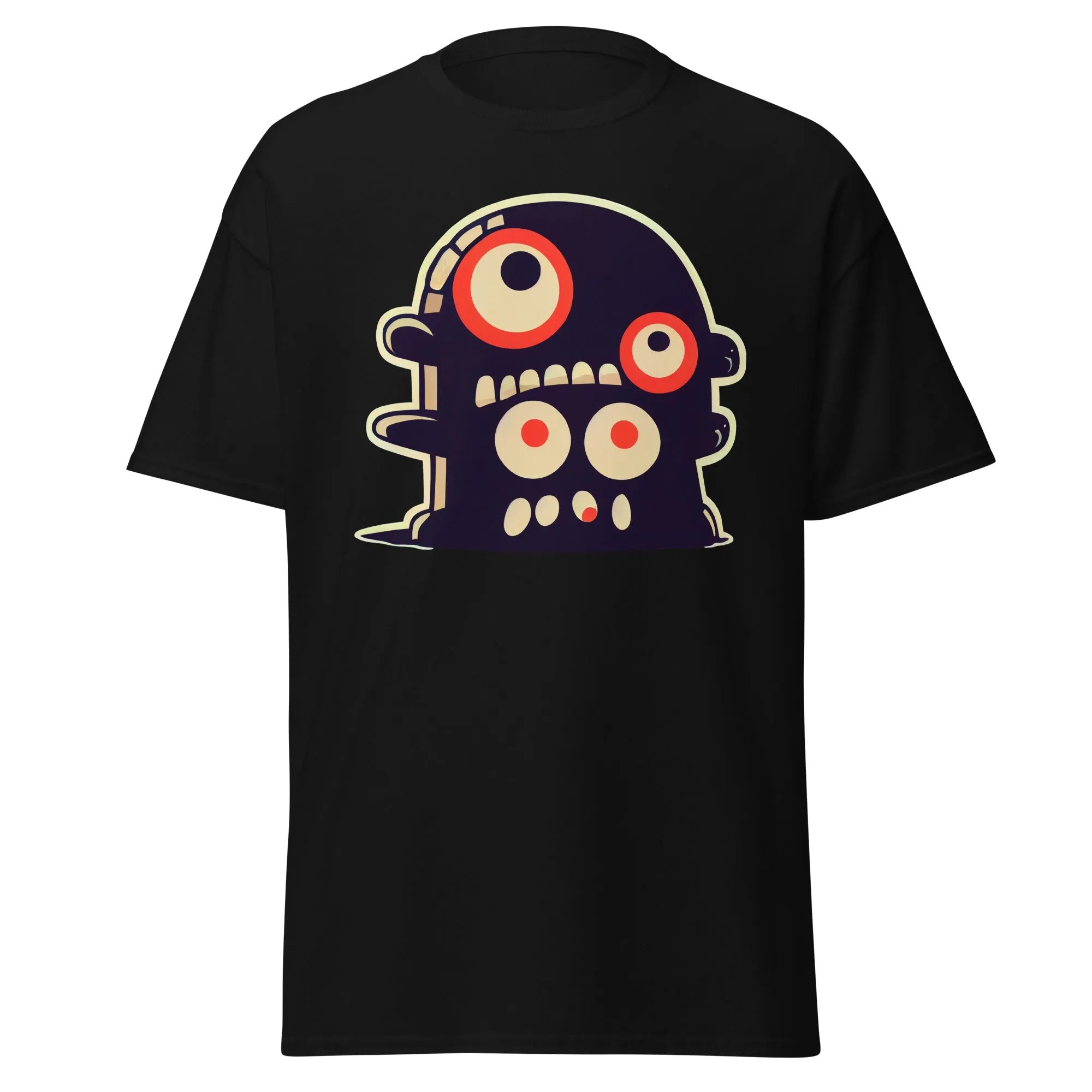 Crazy Eyes black Halloween T-shirt featuring a playful cartoon blob creature with red eyes.