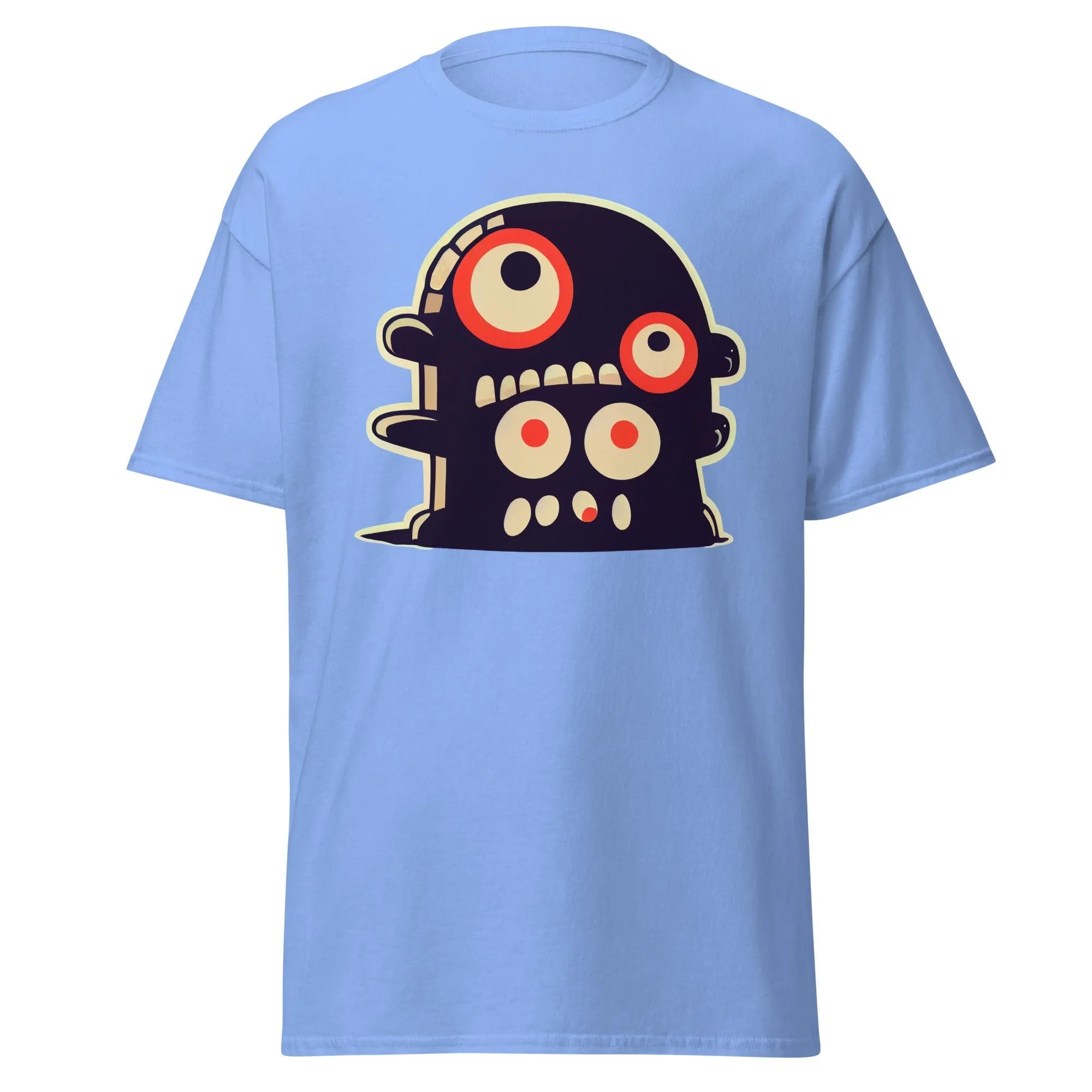 Crazy Eyes carolina blue Halloween T-shirt featuring a playful cartoon blob creature with red eyes.