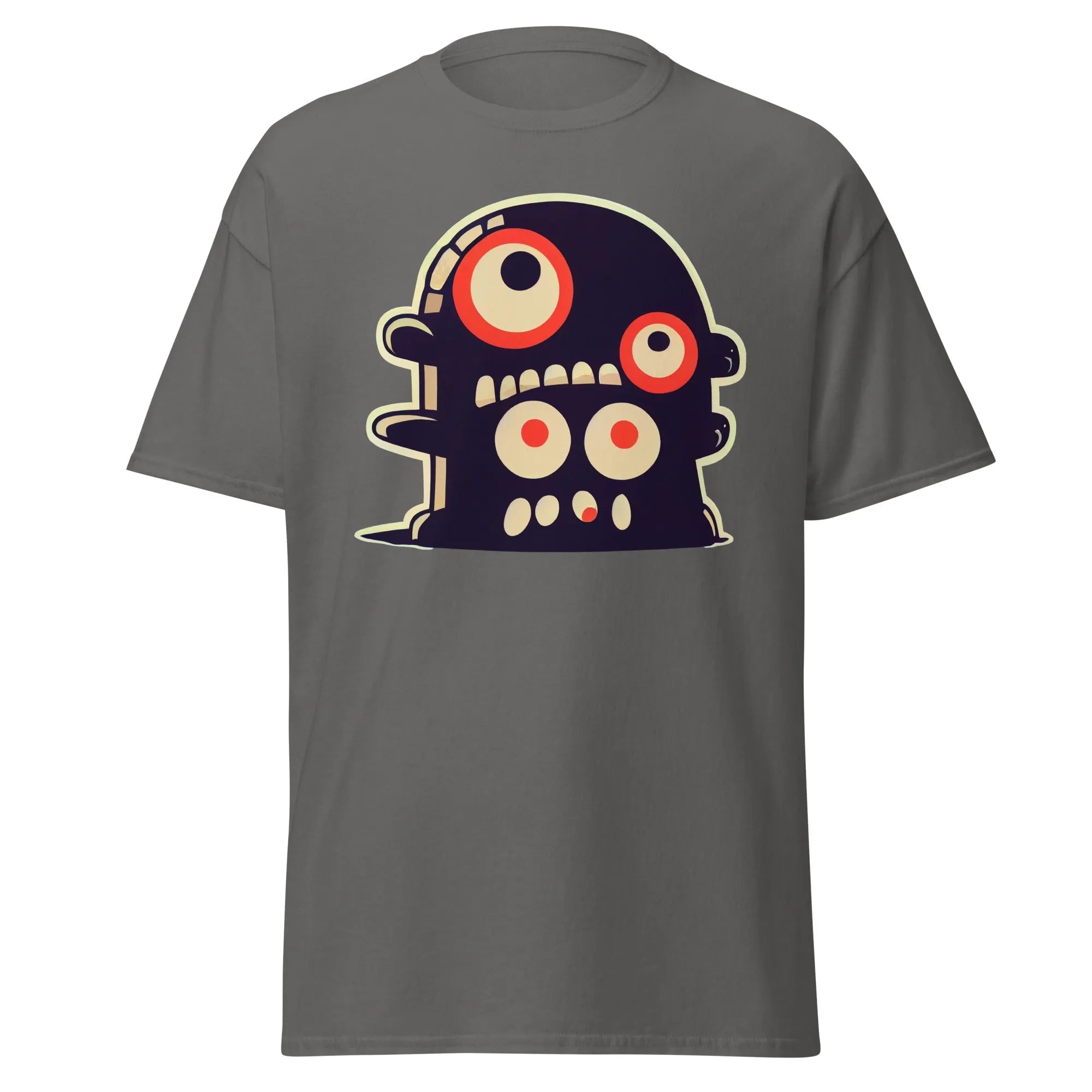 Crazy Eyes charcoal Halloween T-shirt featuring a playful cartoon blob creature with red eyes.