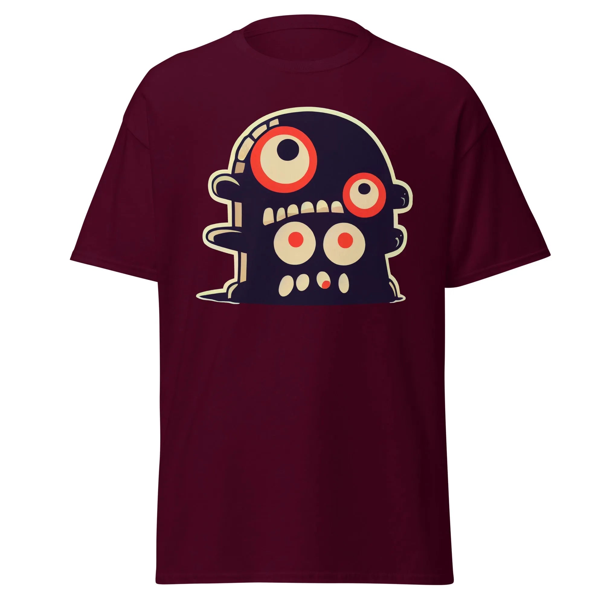 Crazy Eyes maroon Halloween T-shirt featuring a playful cartoon blob creature with red eyes.
