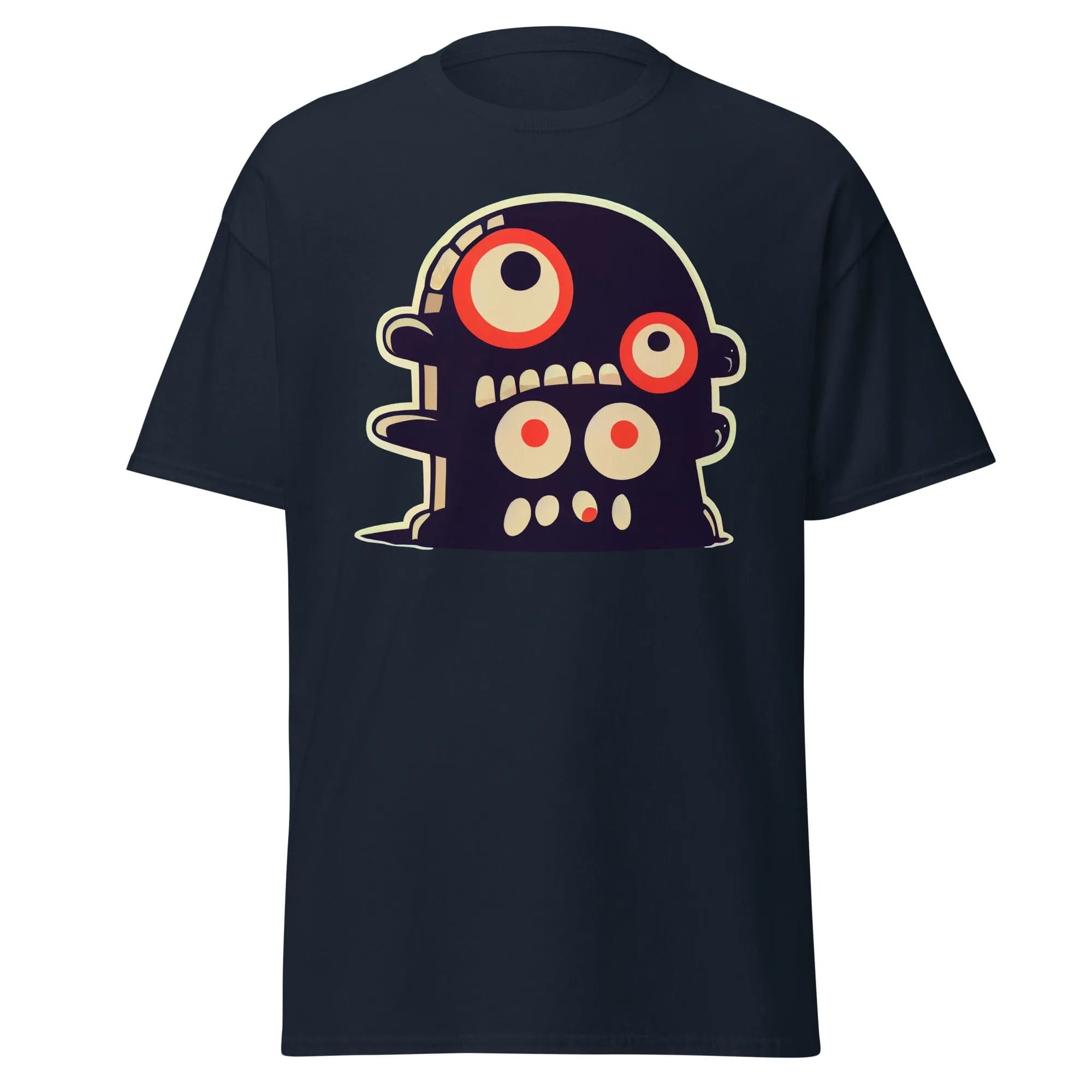Crazy Eyes navy blue Halloween T-shirt featuring a playful cartoon blob creature with red eyes.