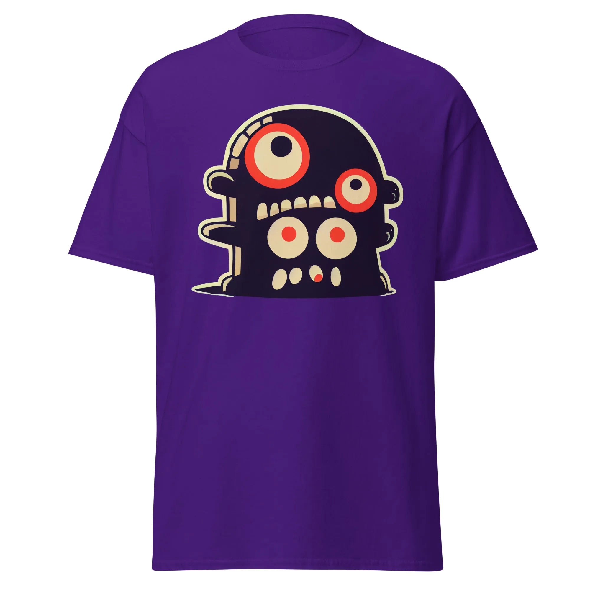 Crazy Eyes purple Halloween T-shirt featuring a playful cartoon blob creature with red eyes.