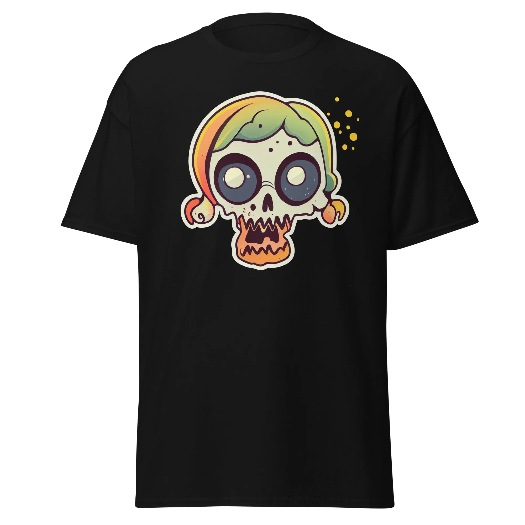 Crazy Skull black Halloween T-shirt featuring a colorful cartoon skull with big round eyes, green and yellow pigtail hair.