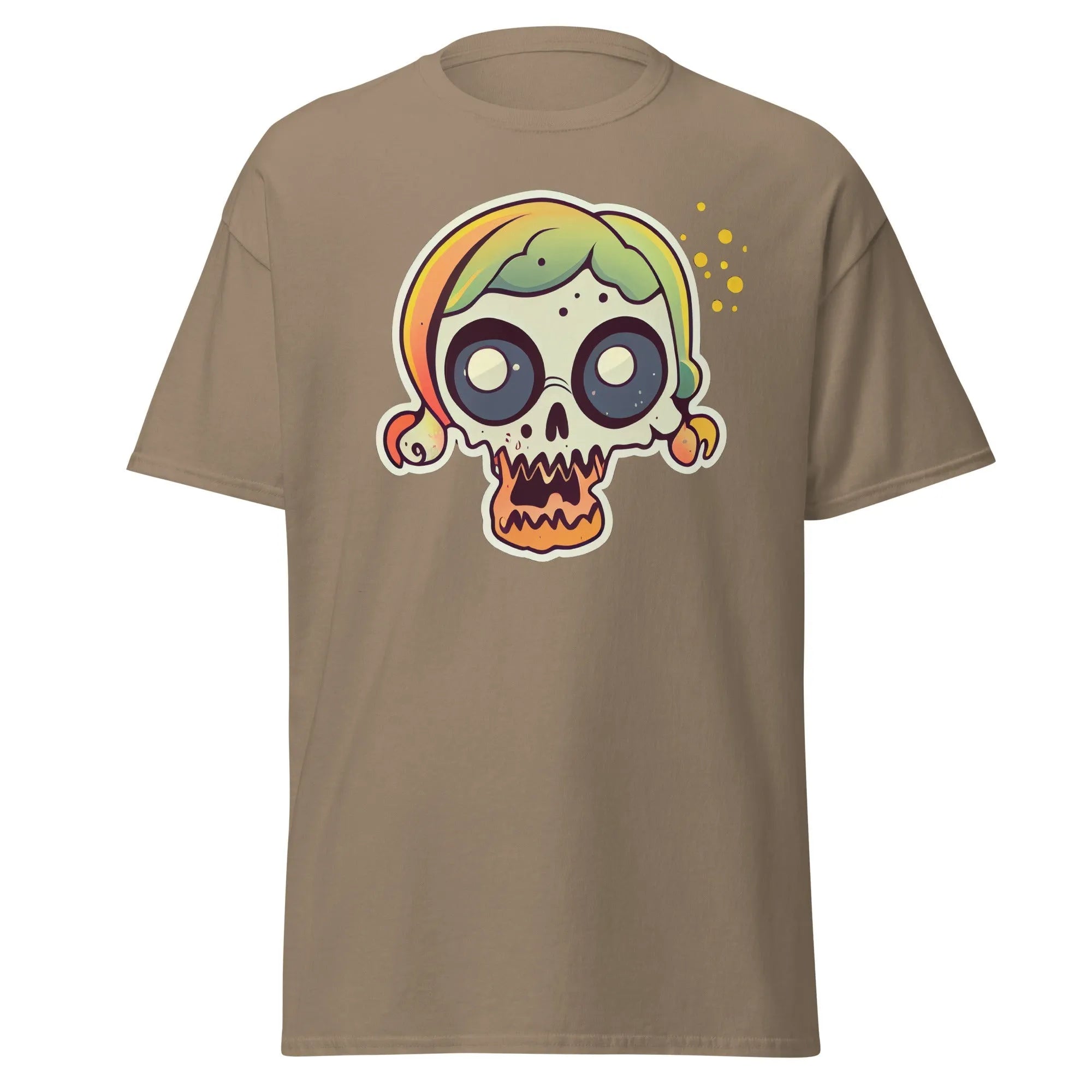 Crazy Skull brown Halloween T-shirt featuring a colorful cartoon skull with big round eyes, green and yellow pigtail hair.