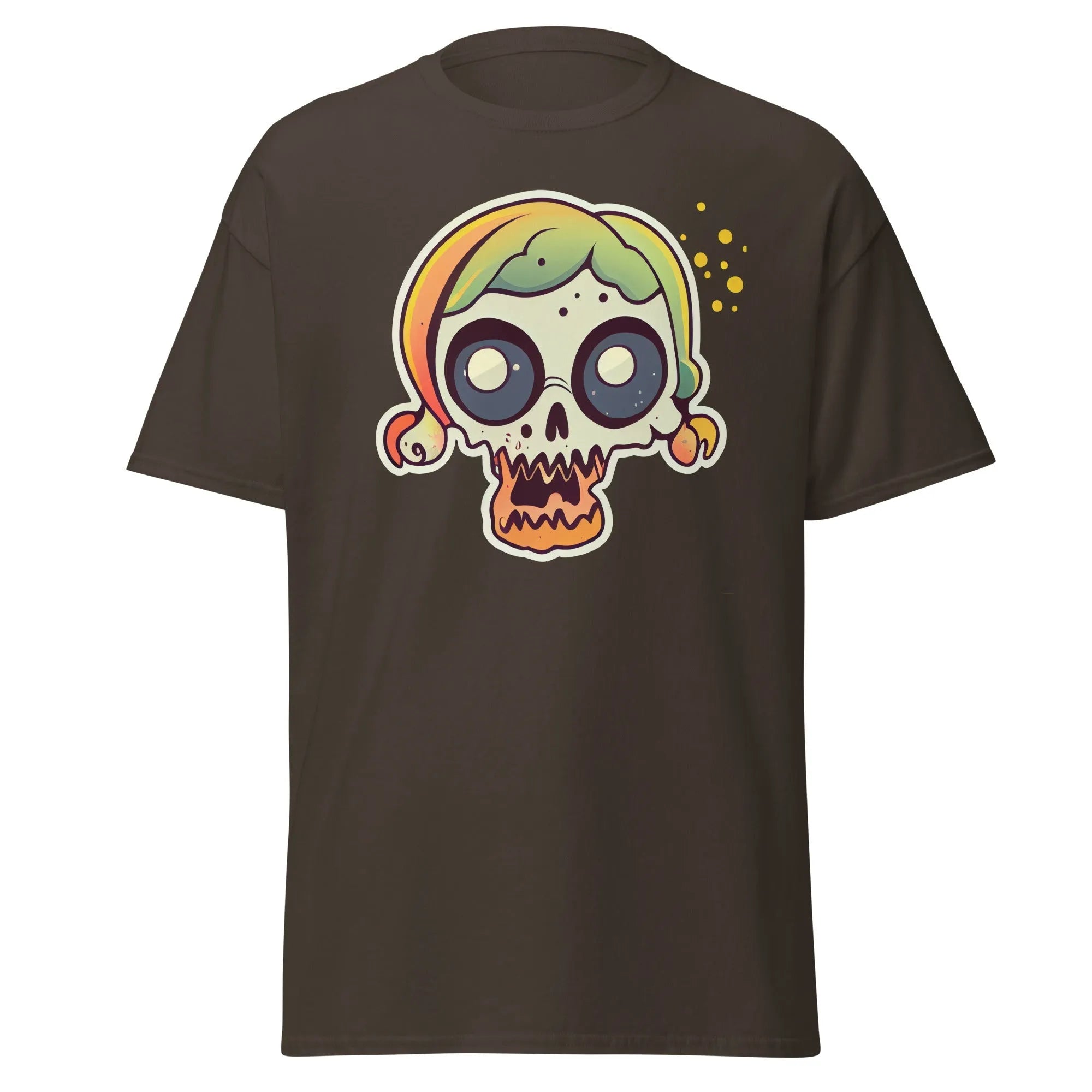 Crazy Skull chocolate Halloween T-shirt featuring a colorful cartoon skull with big round eyes, green and yellow pigtail hair.