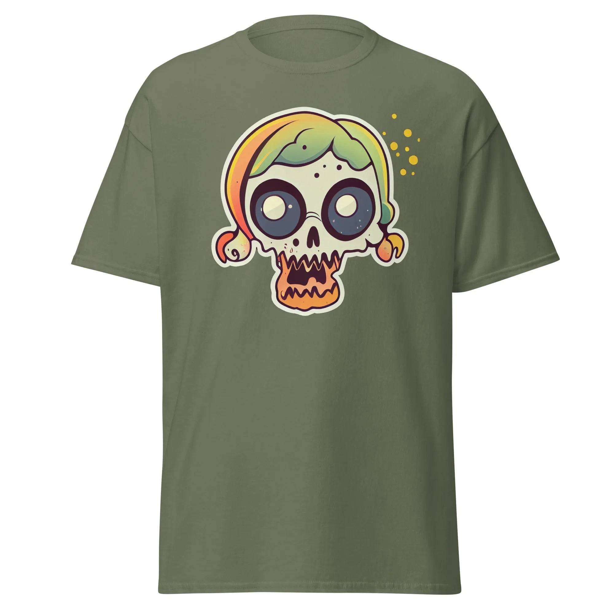 Crazy Skull military green Halloween T-shirt featuring a colorful cartoon skull with big round eyes, green and yellow pigtail hair.