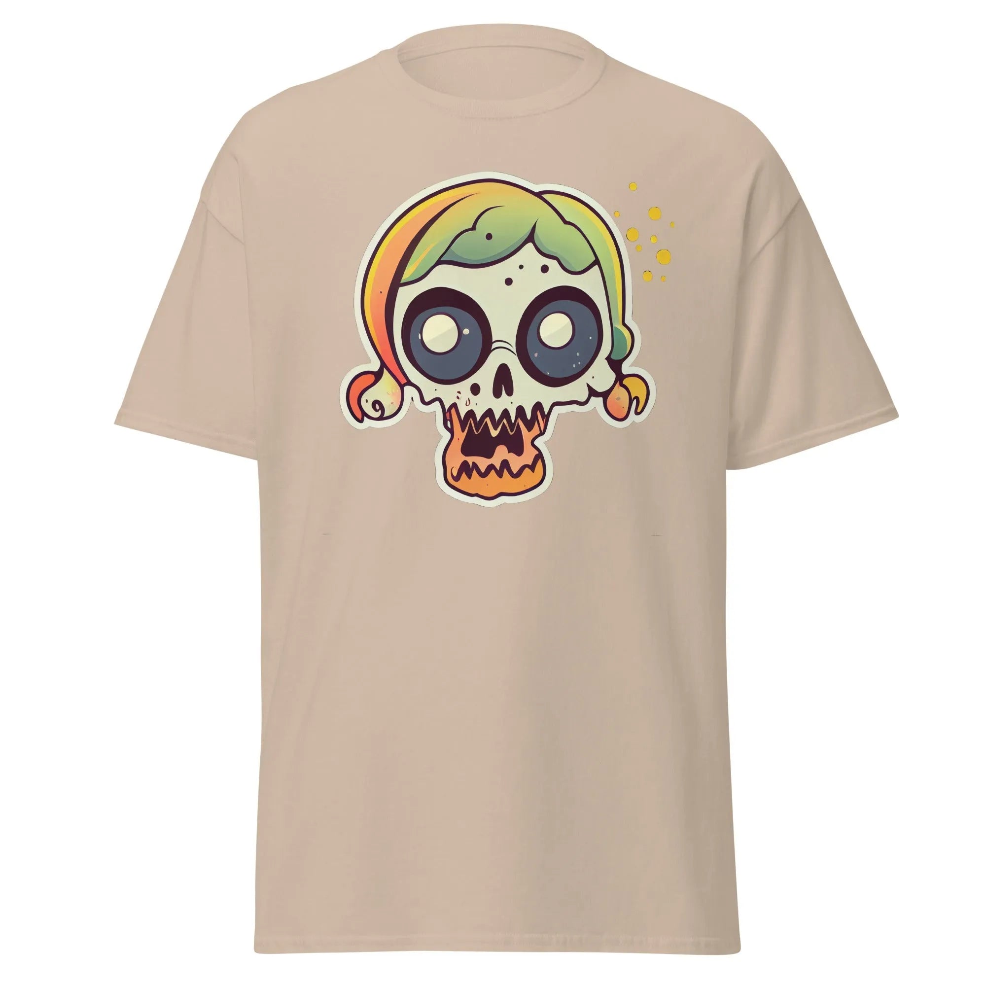 Crazy Skull natural Halloween T-shirt featuring a colorful cartoon skull with big round eyes, green and yellow pigtail hair.