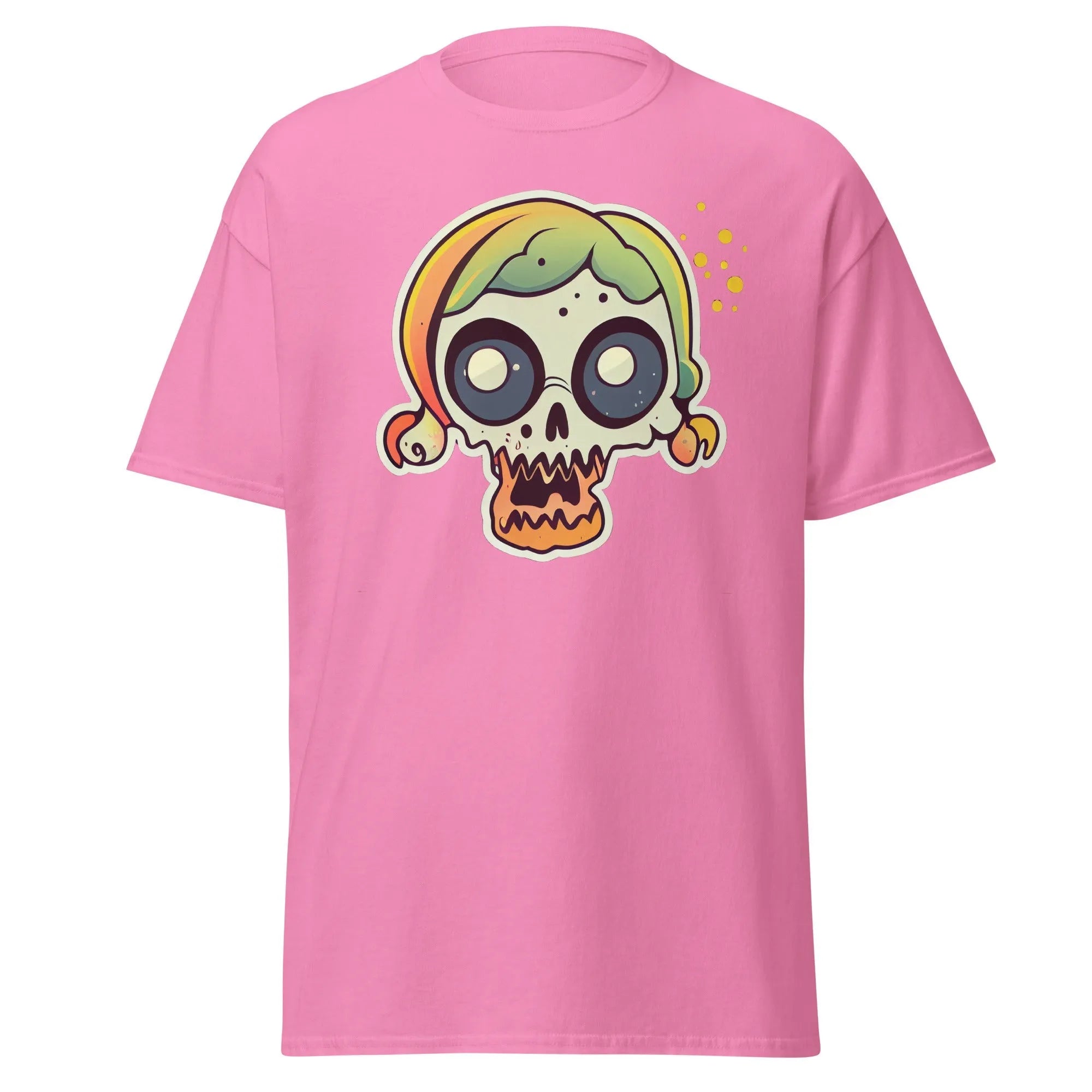 Crazy Skull pink Halloween T-shirt featuring a colorful cartoon skull with big round eyes, green and yellow pigtail hair.