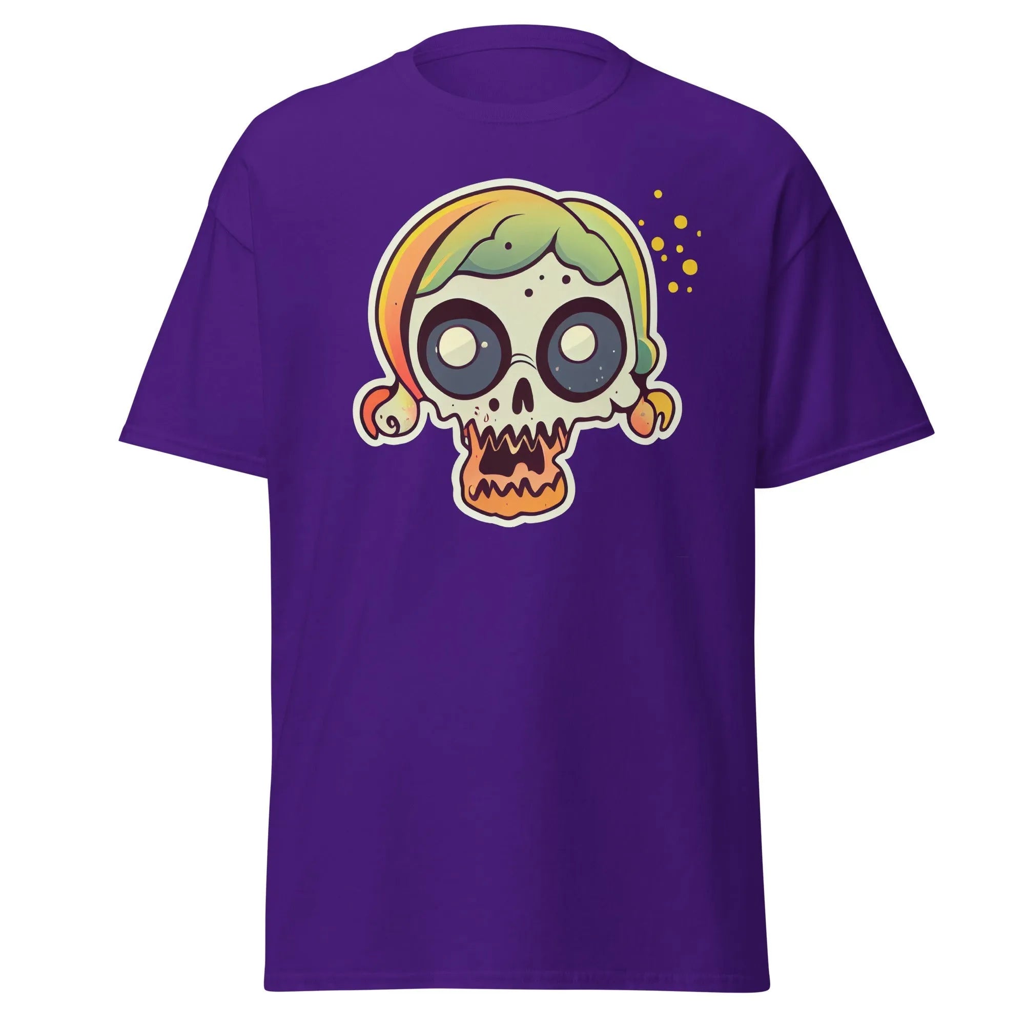 Crazy Skull purple Halloween T-shirt featuring a colorful cartoon skull with big round eyes, green and yellow pigtail hair.