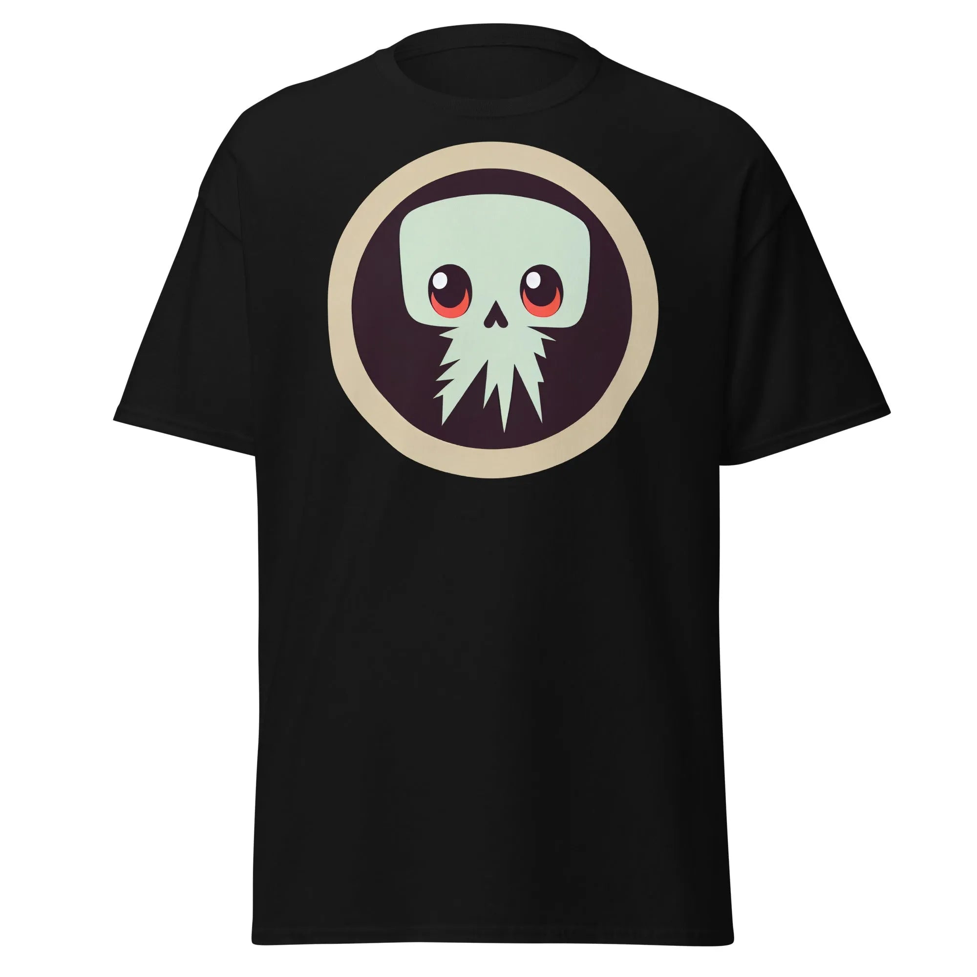 Creepy Skull black Halloween T-shirt featuring a bold skull graphic design with large eyes and tentacles on black background.