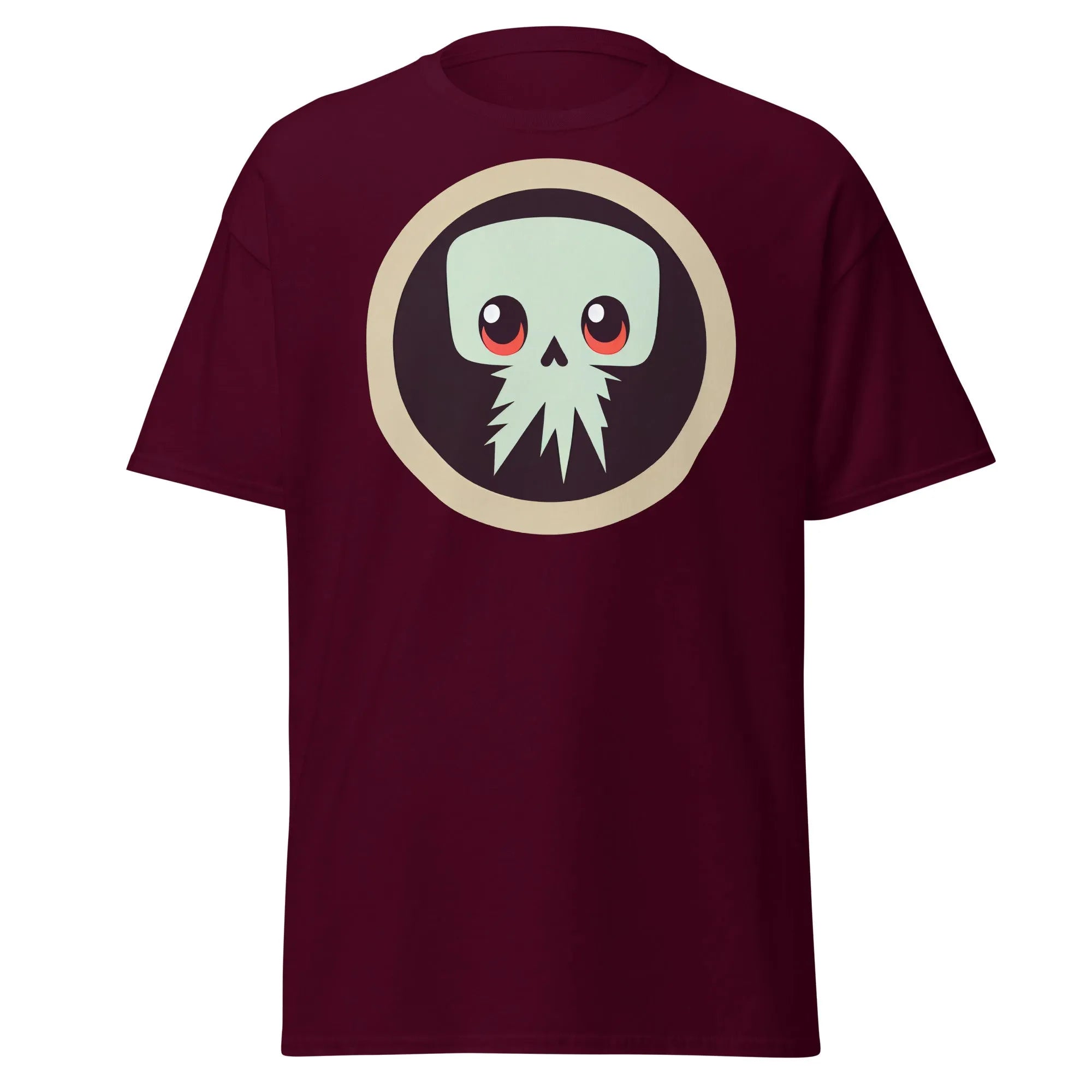 Creepy Skull maroon Halloween T-shirt featuring a bold skull graphic design with large eyes and tentacles on black background.