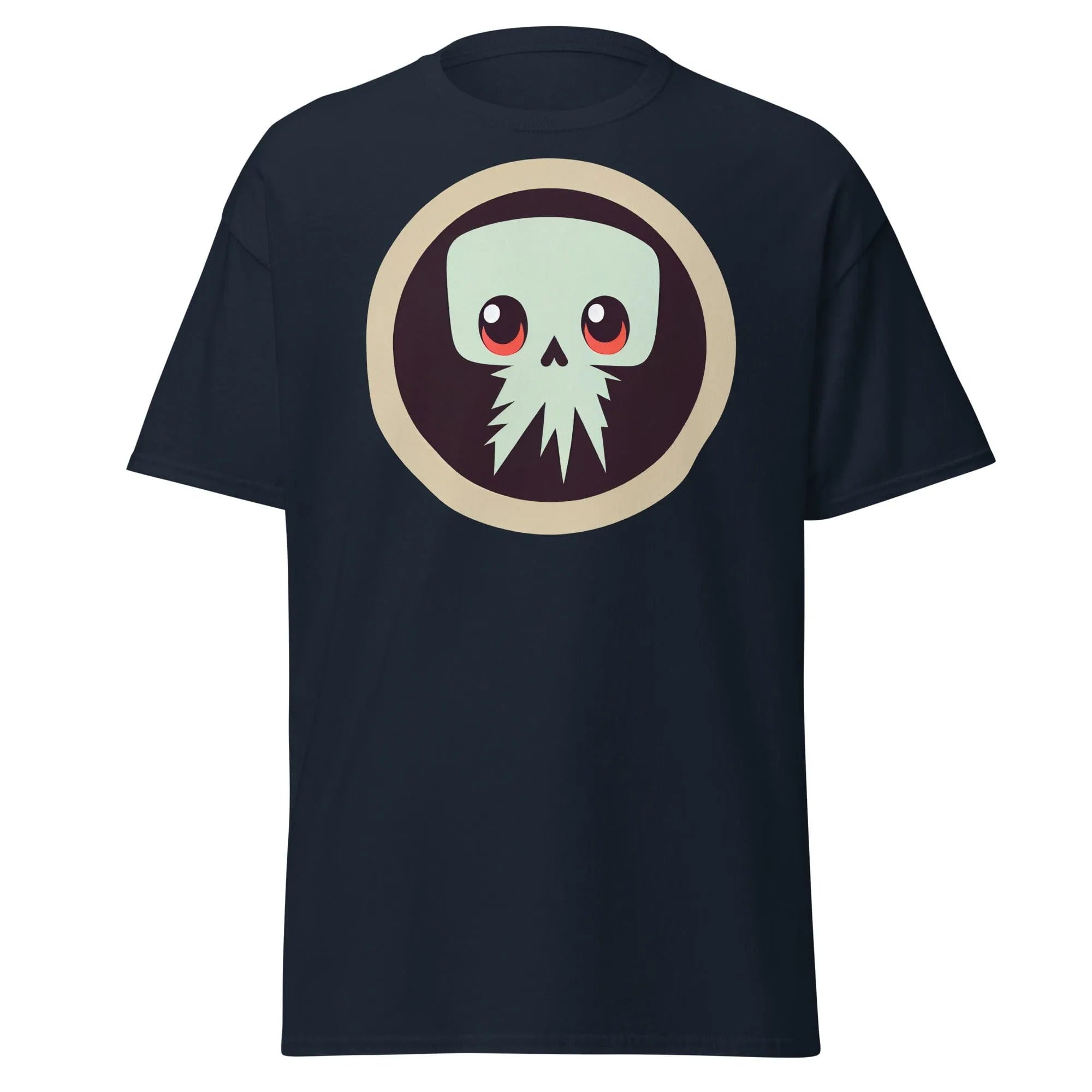 Creepy Skull navy blue Halloween T-shirt featuring a bold skull graphic design with large eyes and tentacles on black background.