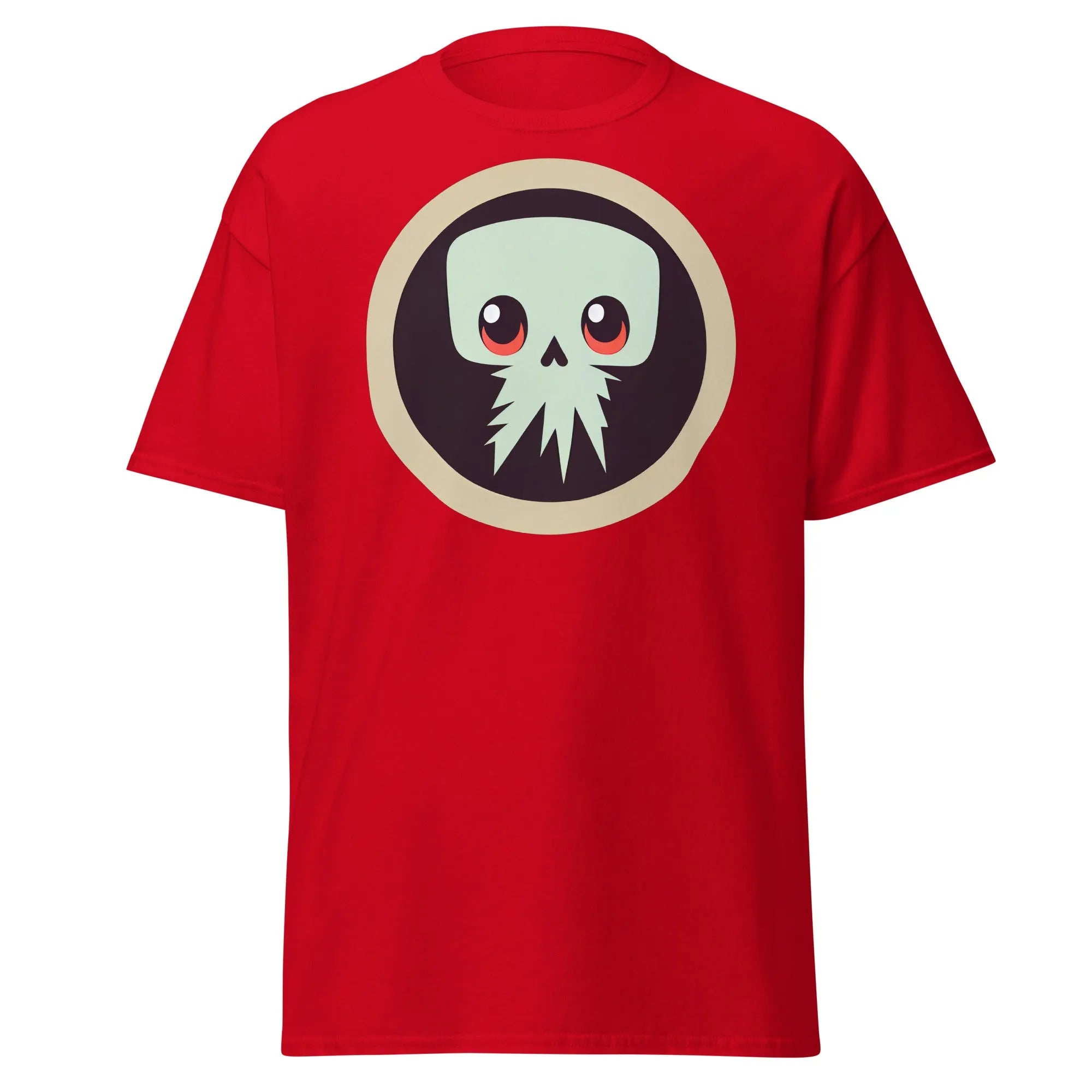 Creepy Skull red Halloween T-shirt featuring a bold skull graphic design with large eyes and tentacles on black background.