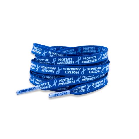 Blue awareness ribbon shoelaces printed with the words 'PROSTATE AWARENESS' in white, coiled on a white background.