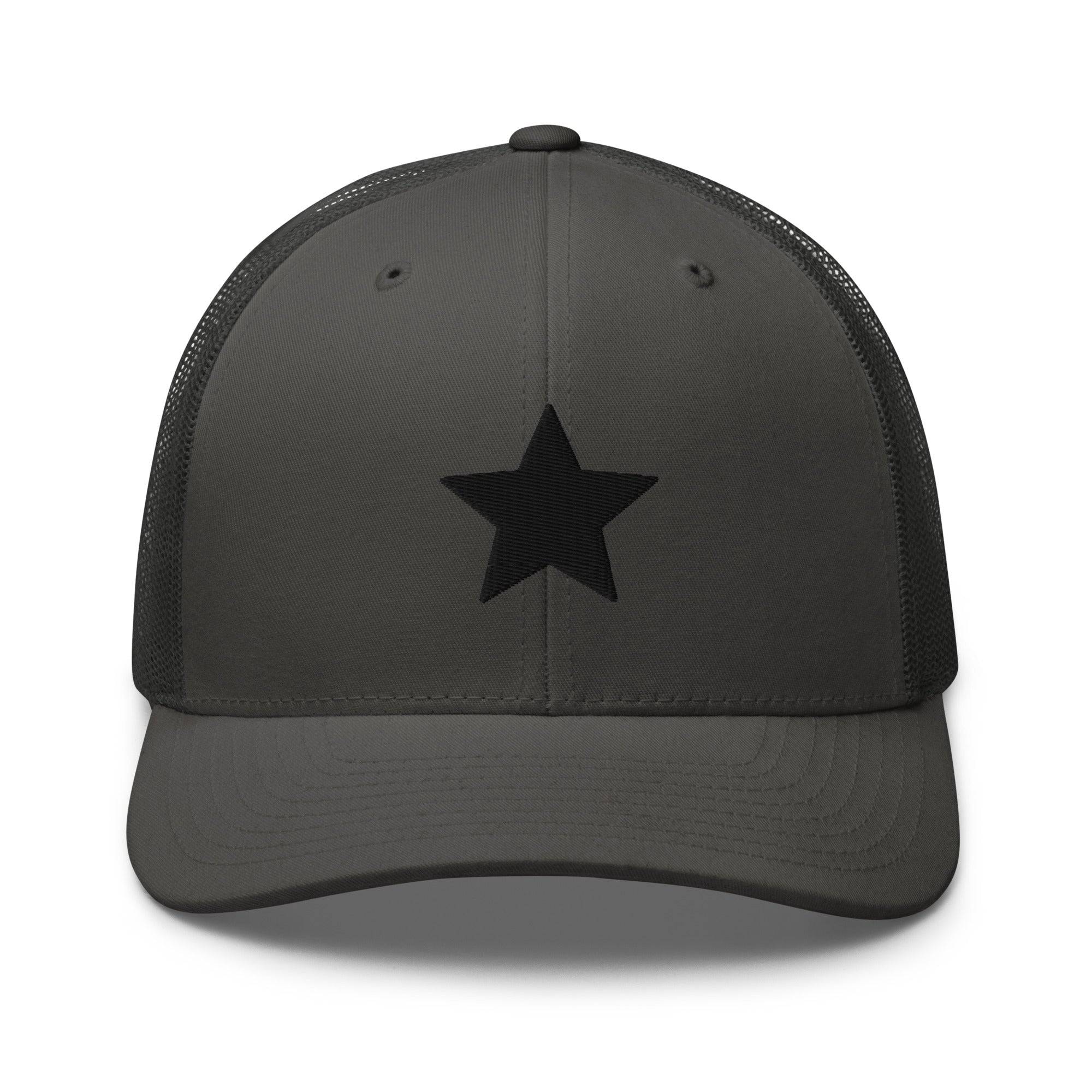 Dark grey truckers cap with an embroidered black star, structured front, mesh back, and adjustable fit by Kicks Shoelaces