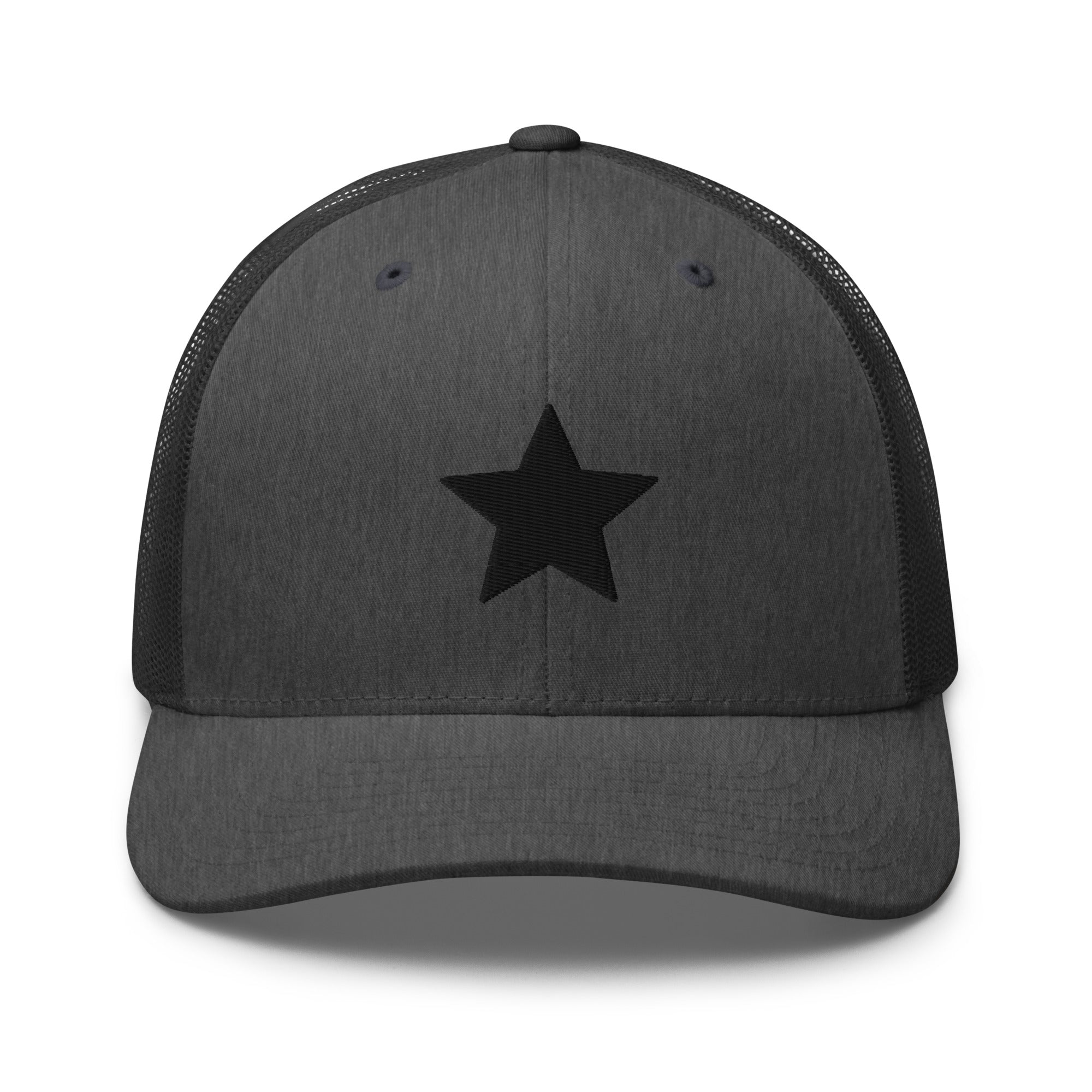 Dark heather grey truckers cap with an embroidered black star, structured front, mesh back, and adjustable fit by Kicks Shoelaces