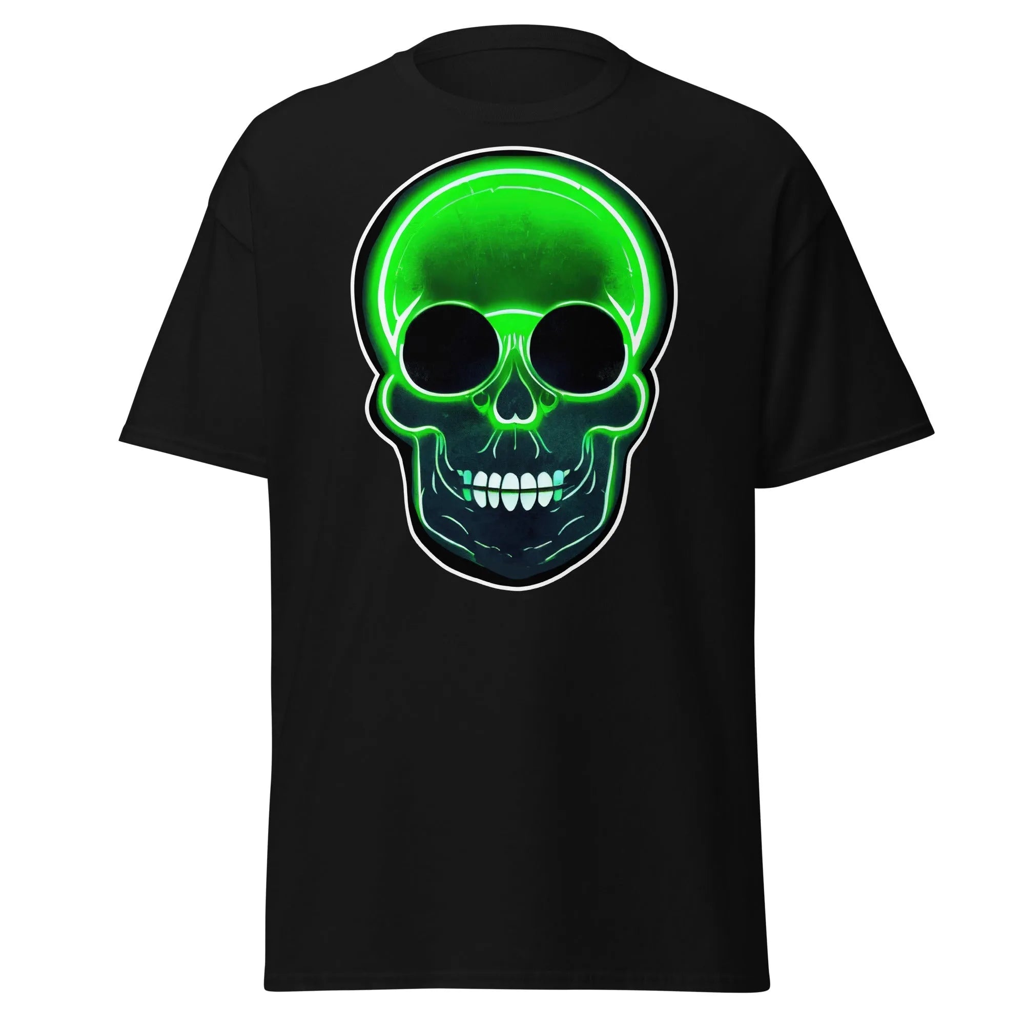 Glowbone Skull black Halloween T-shirt featuring a bold neon green skull with glowing edges and dark eye sockets on the front.