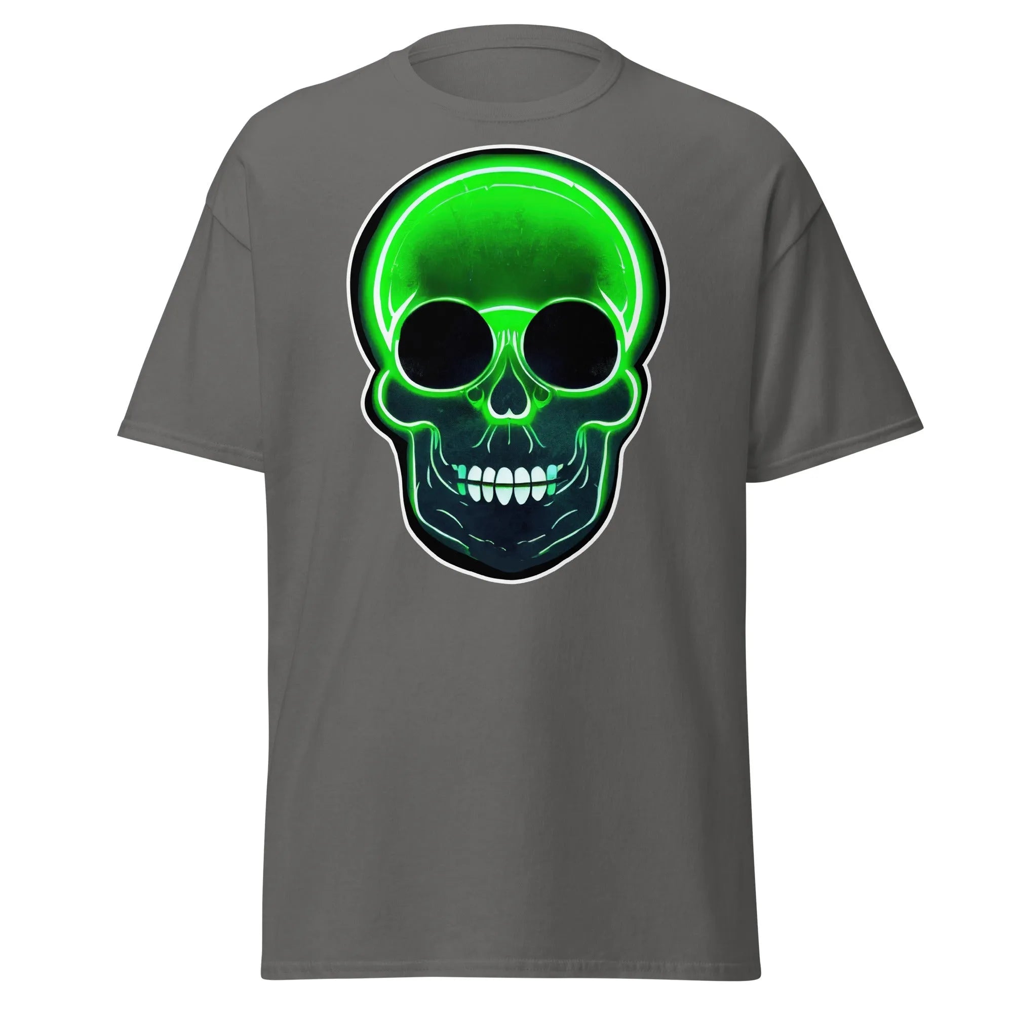 Glowbone Skull charcoal Halloween T-shirt featuring a bold neon green skull with glowing edges and dark eye sockets on the front.