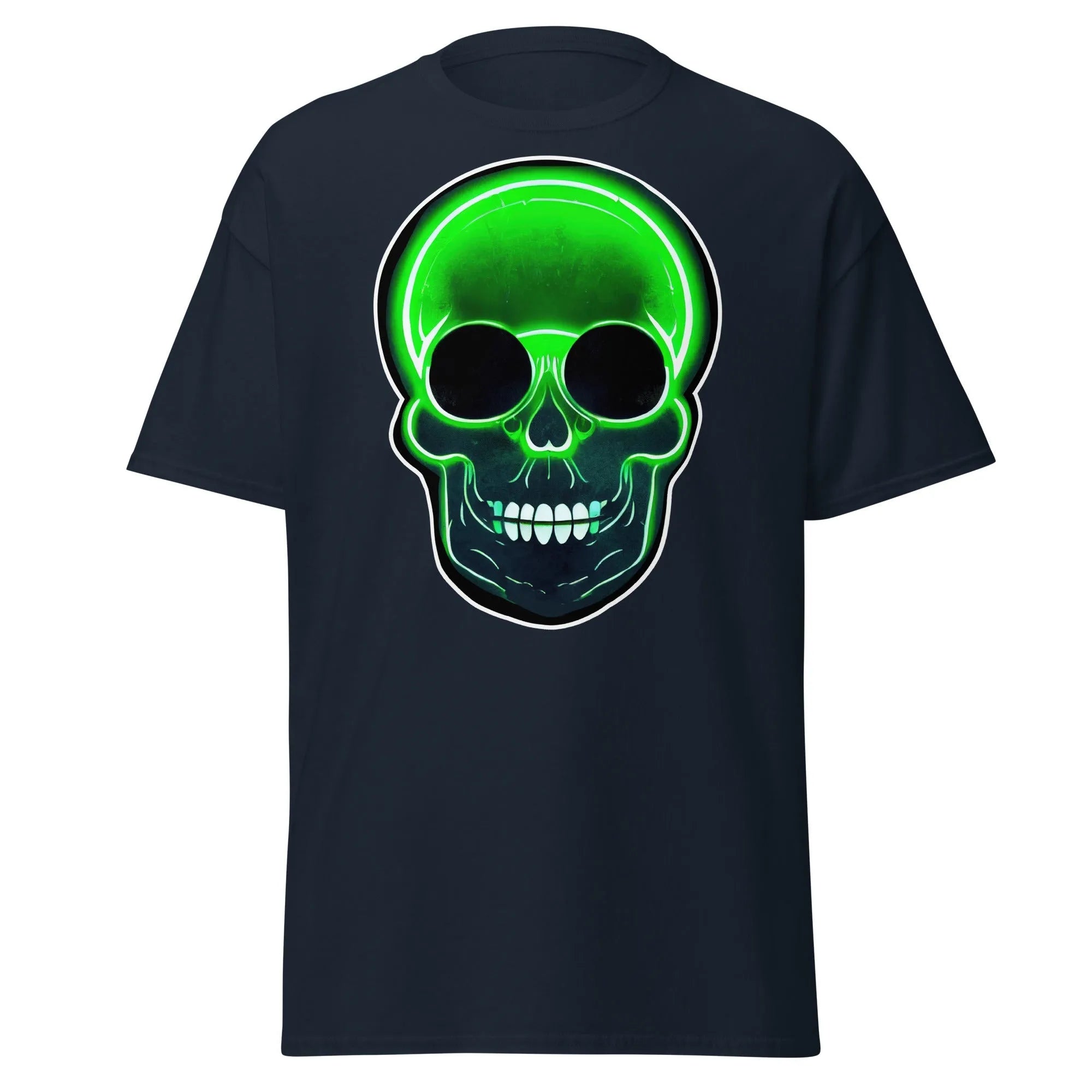 Glowbone Skull navy blue Halloween T-shirt featuring a bold neon green skull with glowing edges and dark eye sockets on the front.