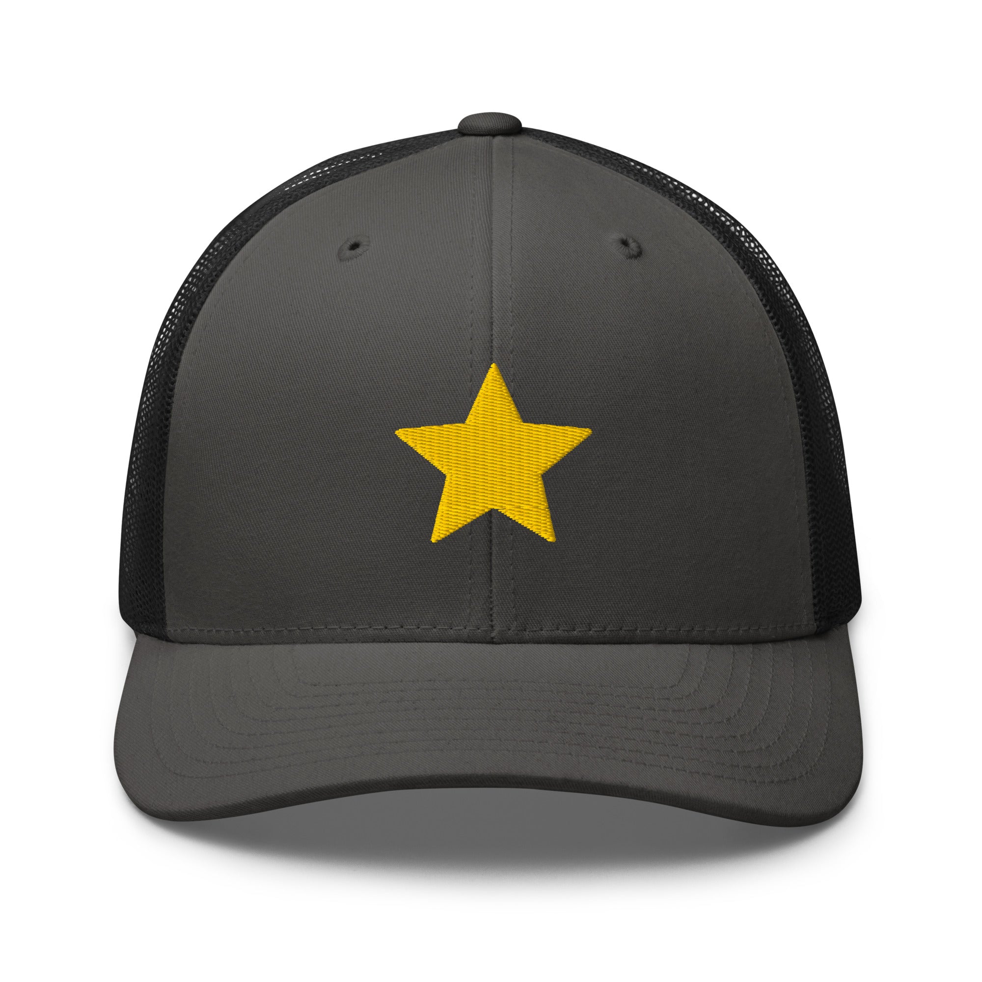 Gold Star charcoal and black Trucker Cap with structured front, mesh back, and embroidered gold star detail by Kicks Shoelaces