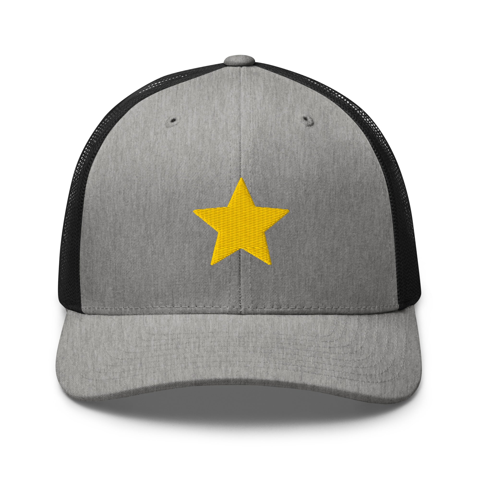 Gold Star heather and black Trucker Cap with structured front, mesh back, and embroidered gold star detail by Kicks Shoelaces